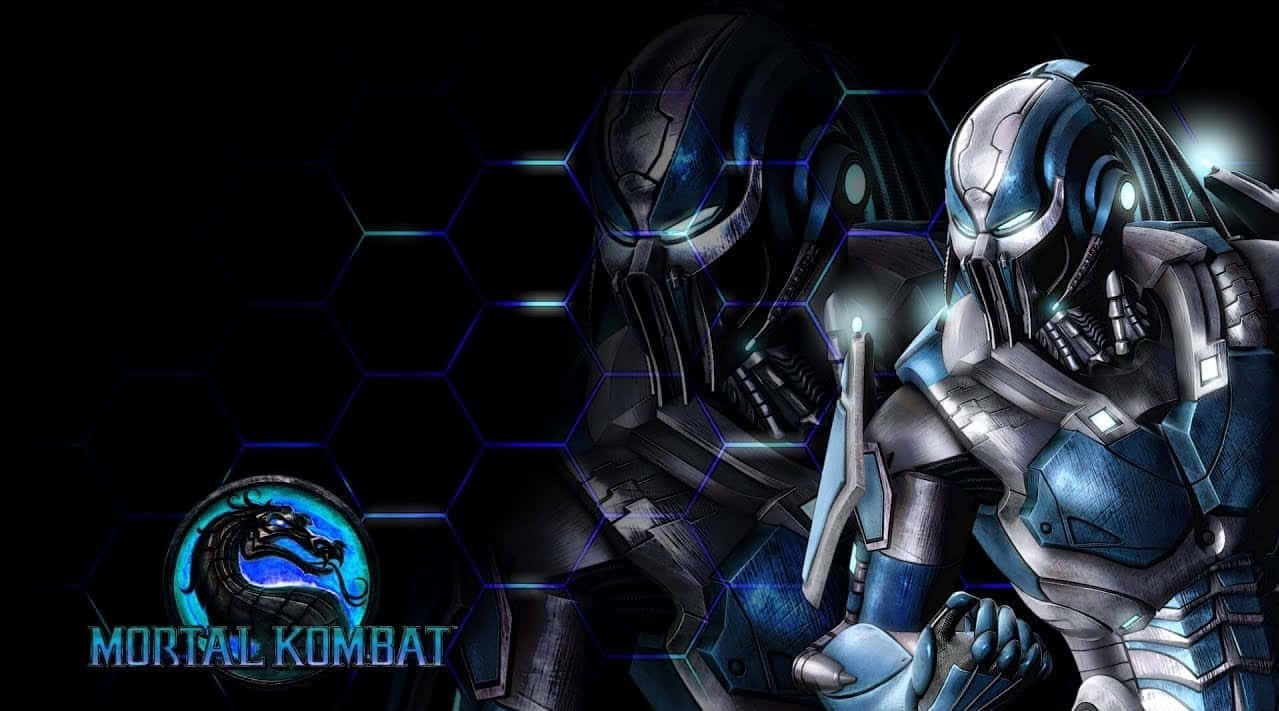 Mortal Kombat Triborg 桌布 壁紙 — 兩個身穿盔甲的真人快打戰士站在一個帶有藍色發光點綴和遊戲標誌的暗色六邊形網格中。