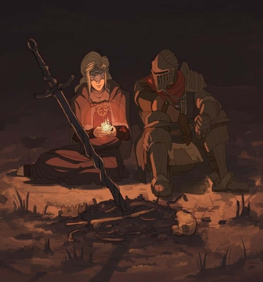 Ashen 桌布 壁紙 — 兩個身穿盔甲的身影坐在黃昏時分的荒涼田野中。一人手持發光球體，另一人在劍和散落的骨頭旁休息。