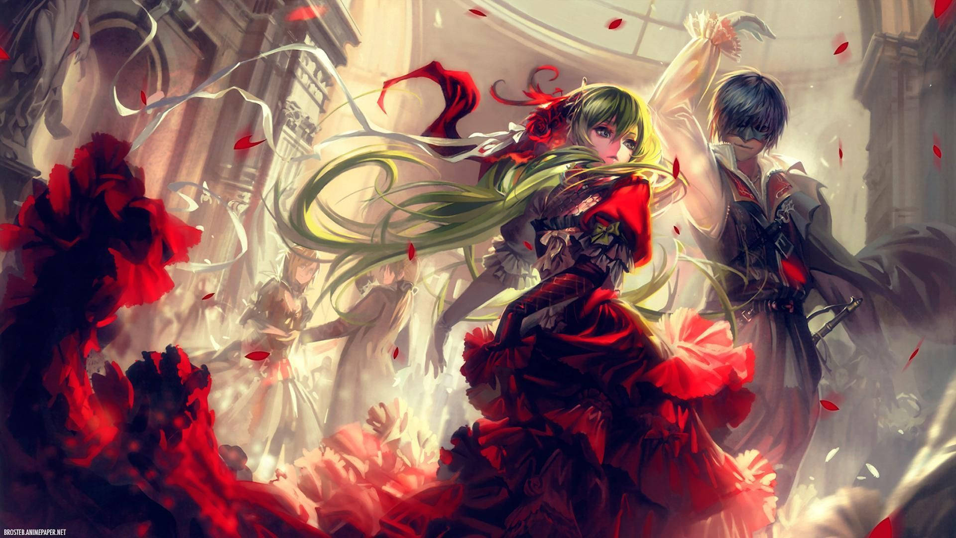 初音未來 桌布 壁紙 — 兩個身穿紅色和綠色服裝的動漫角色在宏偉華麗的大廳中，在飄落的花瓣間起舞。