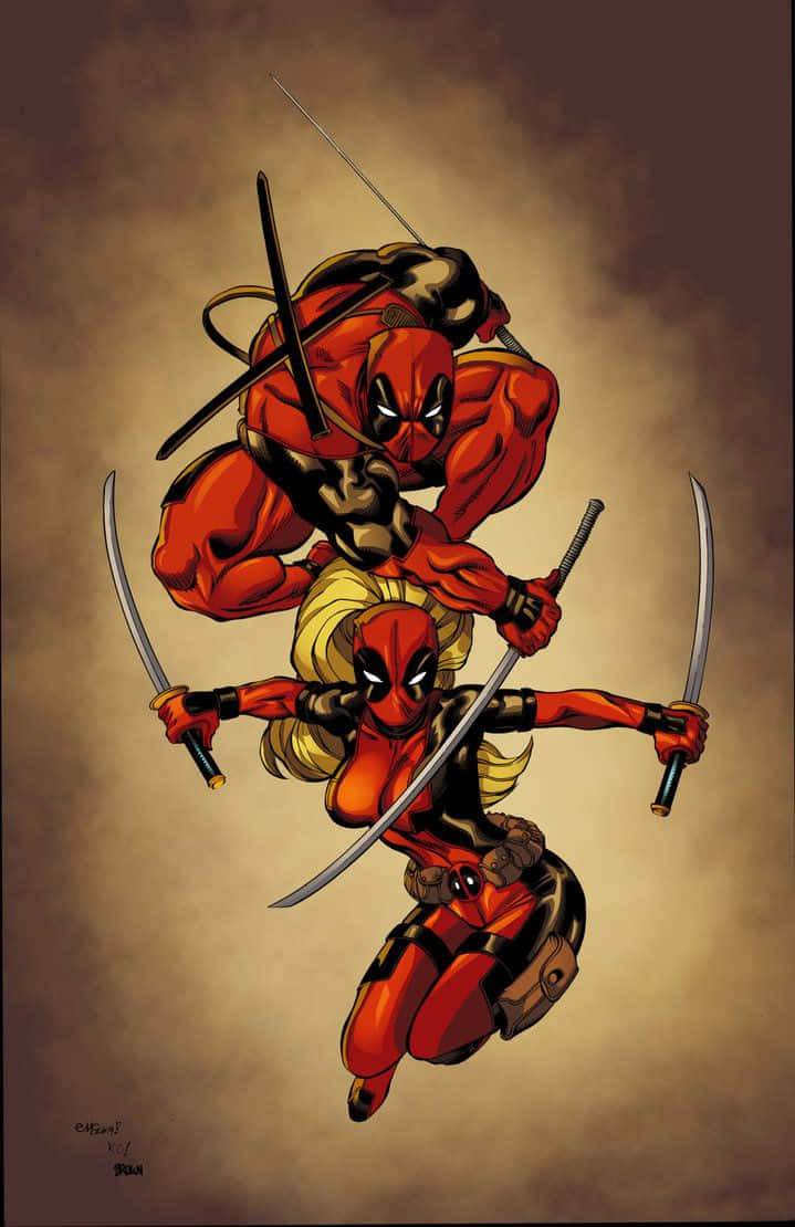 Deadpool And Lady Deadpool 桌布 壁紙 — 兩個身穿紅色和黑色套裝的死侍角色在煙霧彌漫的棕色背景下揮舞著劍動態跳躍。