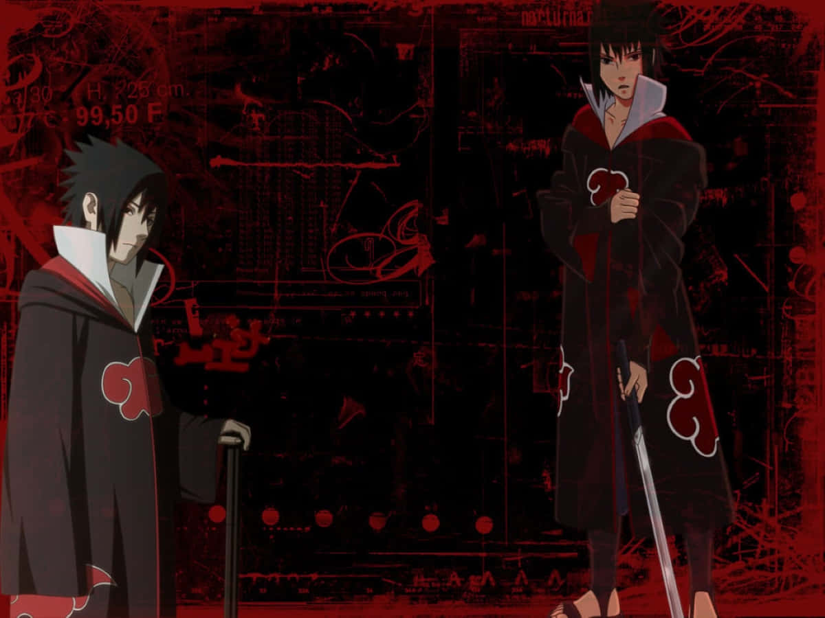 Akatsuki Sasuke 桌布 壁紙 — 兩個身穿紅色和黑色曉組織斗篷的動漫角色，站在帶有數位故障效果的暗紅色破舊背景前。
