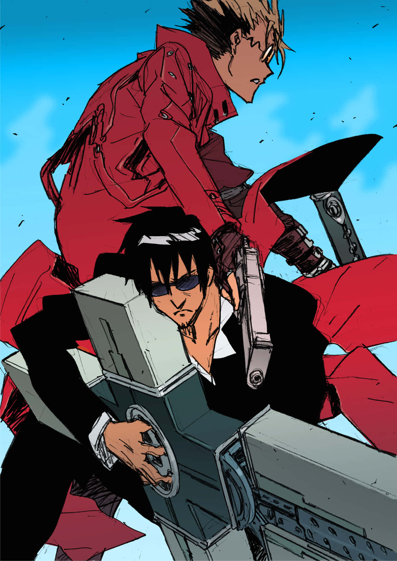 Nicholas D Wolfwood 桌布 壁紙 — 兩個身穿紅色和黑色裝備的動漫角色，在明亮的藍天下騎著未來風格的電單車，碎片飛揚。