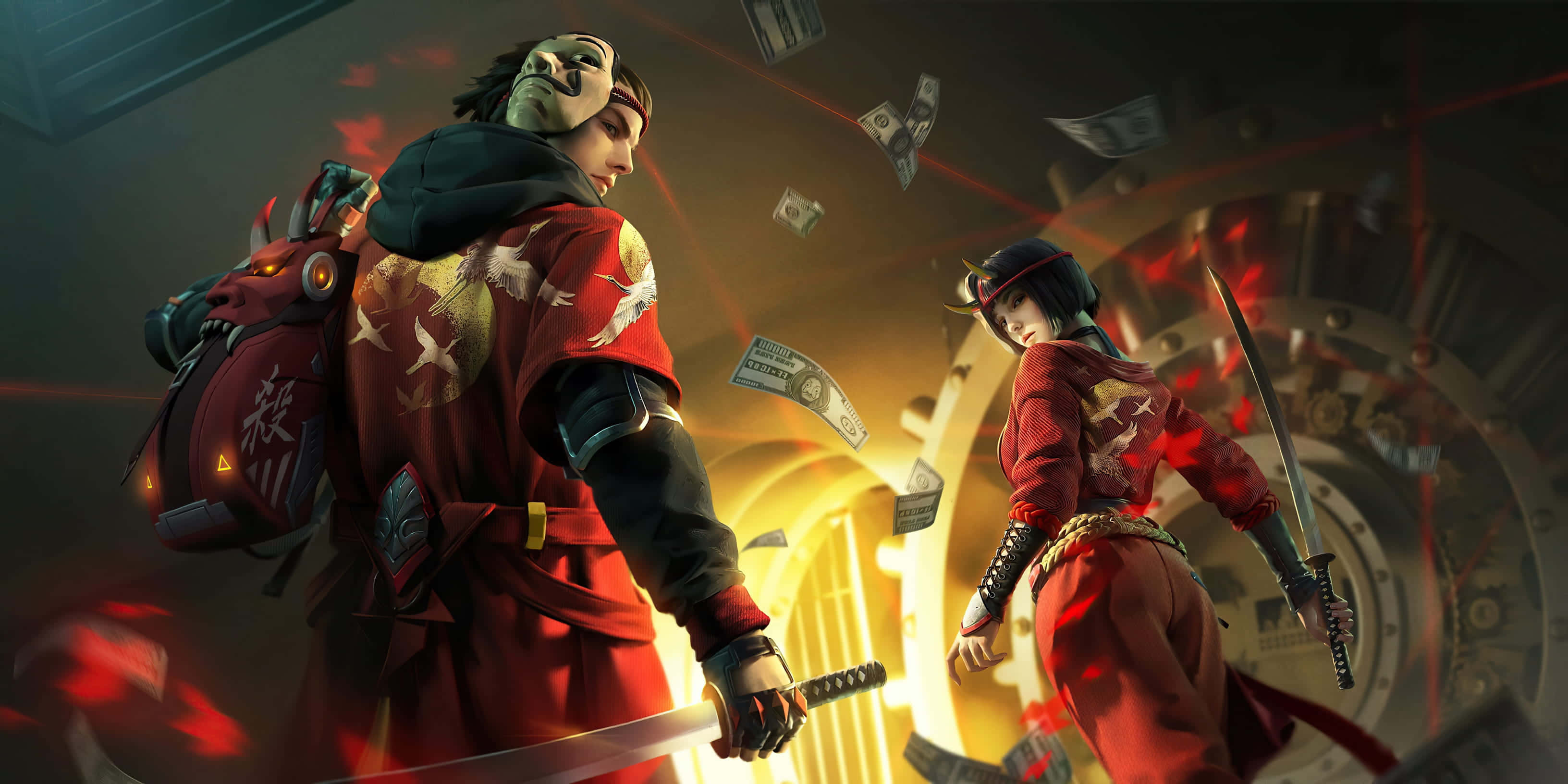 Money Heist 桌布 壁紙 — 兩個身穿紅色服裝的動漫風格戰士，在飛舞的鈔票和發光的紅色能量中，於一個類似金庫的場景中用劍交鋒。