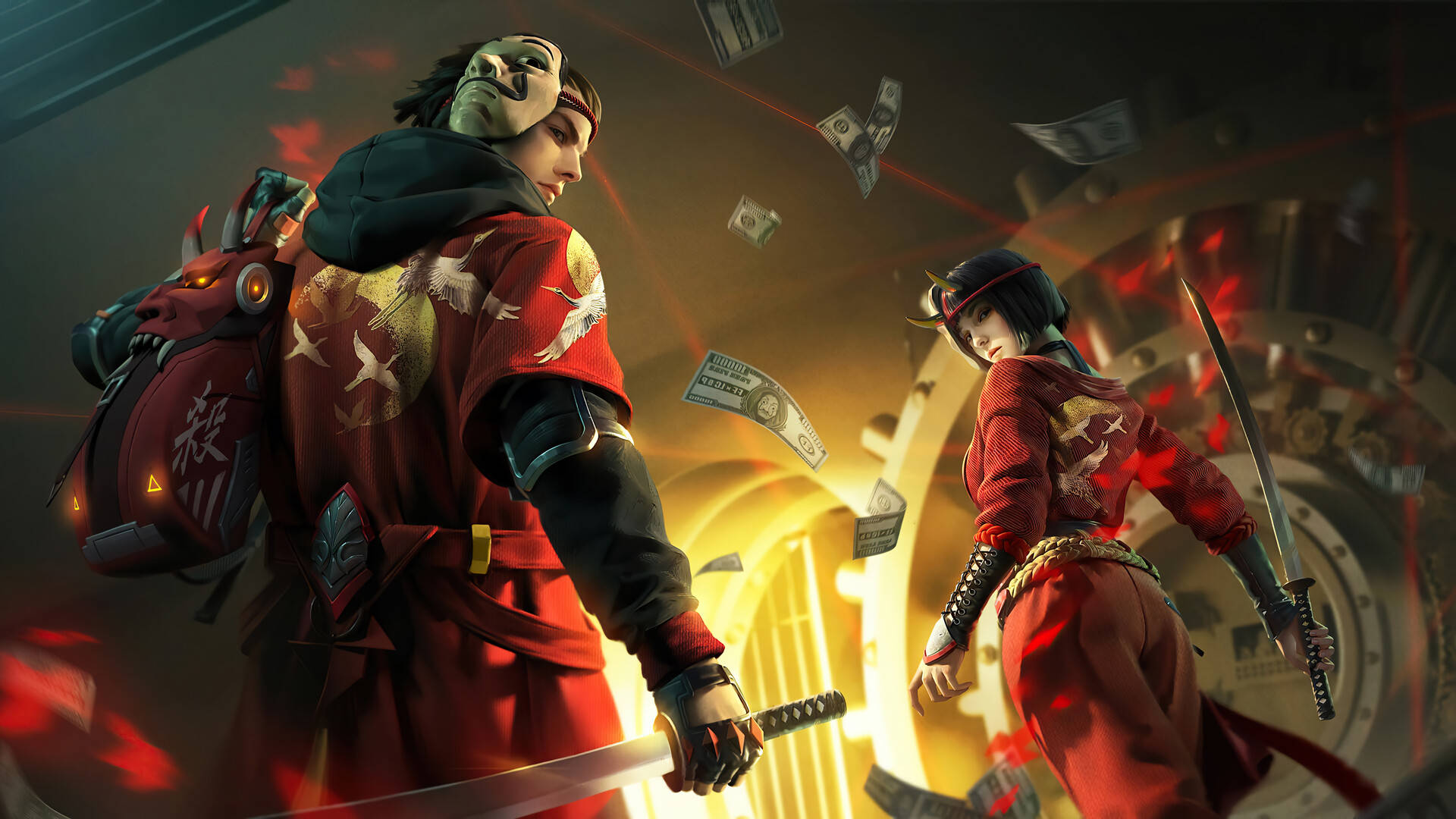 free fire bundle 桌布 壁紙 — 兩個身穿紅色服裝的動漫風格戰士站在一個金庫內，周圍有鈔票飛舞。