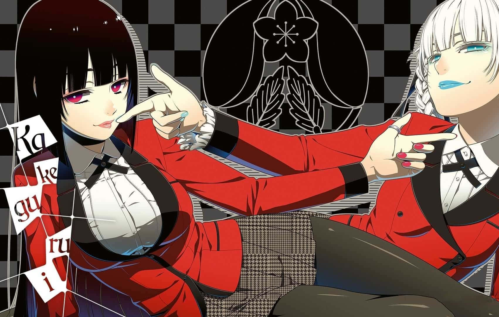 Kakegurui 桌布 壁紙 — 兩個身穿紅色西裝的動漫角色在帶有花卉圖案的格仔背景上互相指責對方。