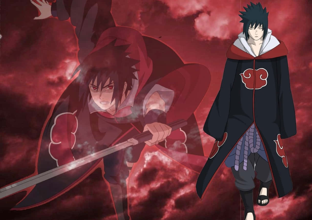 Akatsuki Sasuke 桌布 壁紙 — 兩個身穿紅黑斗篷的動漫角色站在戲劇性的紅色多雲天空下，其中一人揮舞著劍。