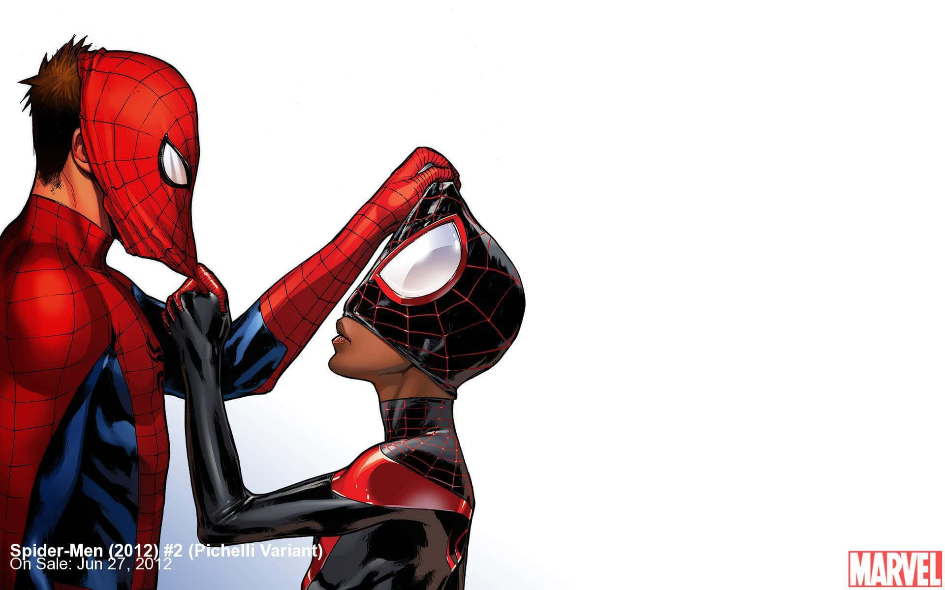 Miles Morales 動漫 桌布 壁紙 — 兩個身穿紅黑色戰衣的蜘蛛俠在純白背景下分享親密時刻。