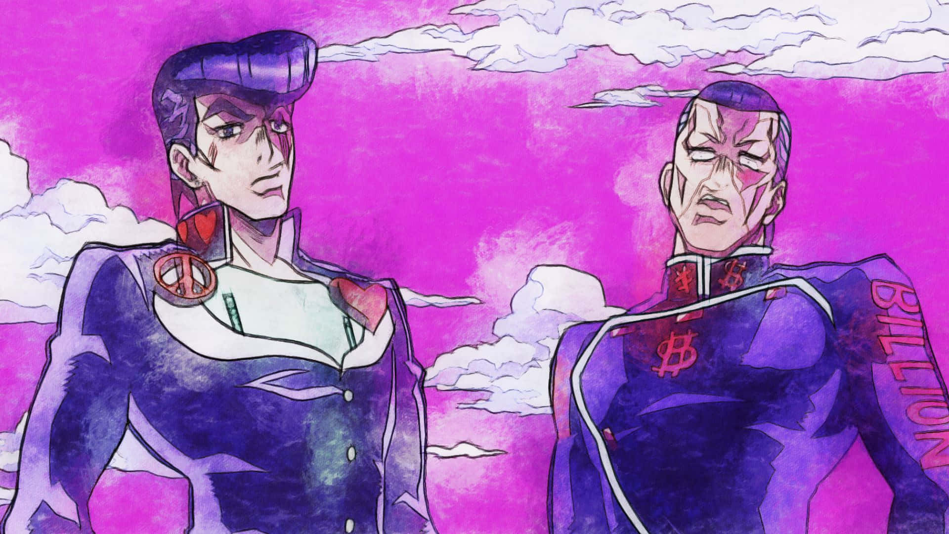 Okuyasu Nijimura 桌布 壁紙 — 兩個身穿紫色西裝的動漫角色站在有白雲的鮮豔粉紅色天空前。