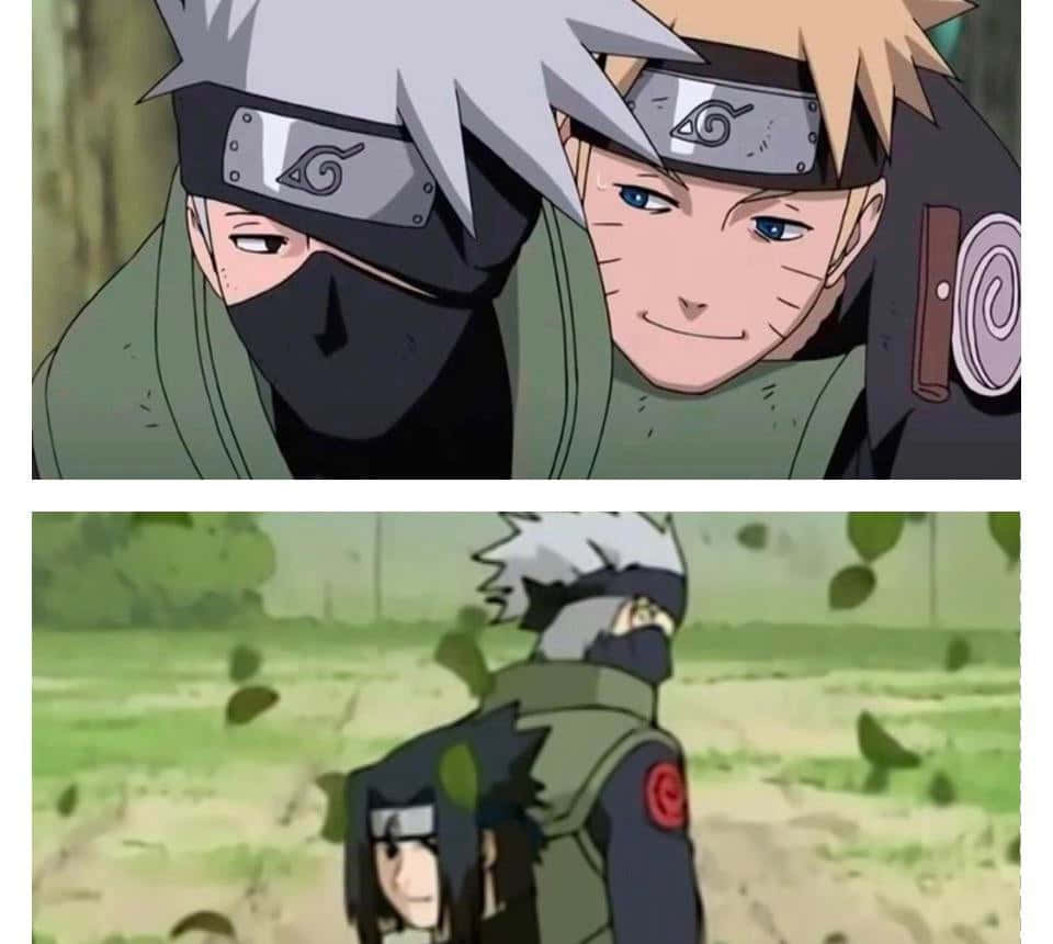 Kakashi And Naruto 桌布 壁紙 — 兩個身穿綠色制服、戴著頭帶的動漫忍者角色在綠葉茂盛的戶外場景中緊密站在一起。