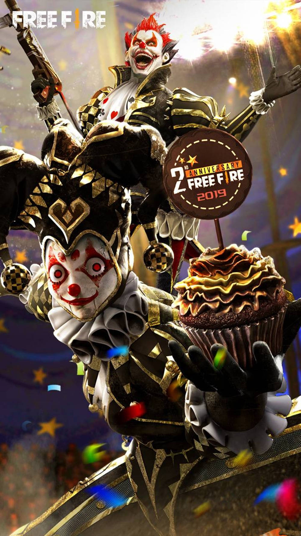 free fire bundle 桌布 壁紙 — 兩個身穿華麗黑金鎧甲的可怕小丑，在明亮的舞台燈光下，用一個巨大的紙杯蛋糕和五彩紙屑慶祝。