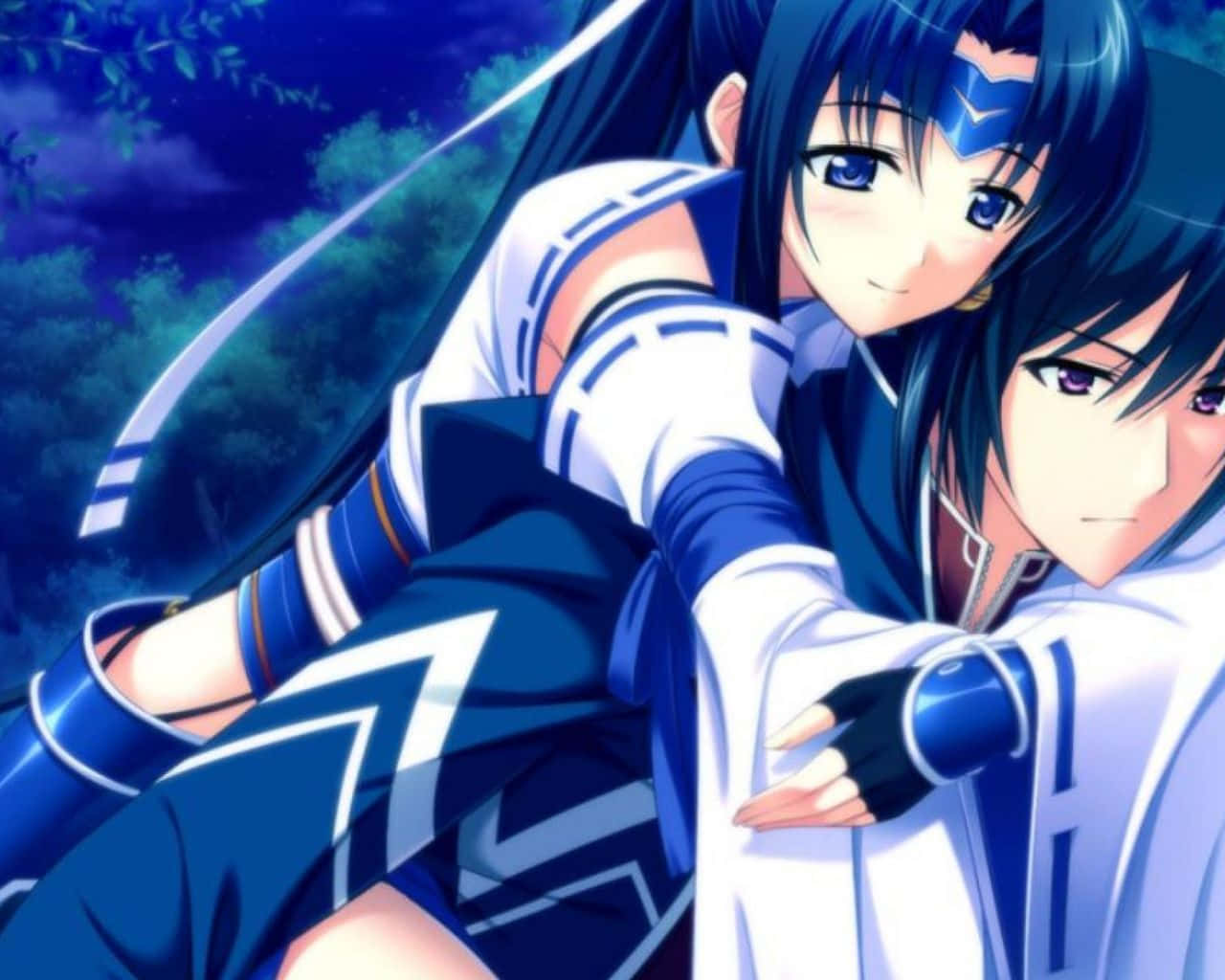 Cute Anime Couple 桌布 壁紙 — 兩個身穿藍白服裝的動漫角色在星空下擁抱，伴隨著發光的劍狀能量。
