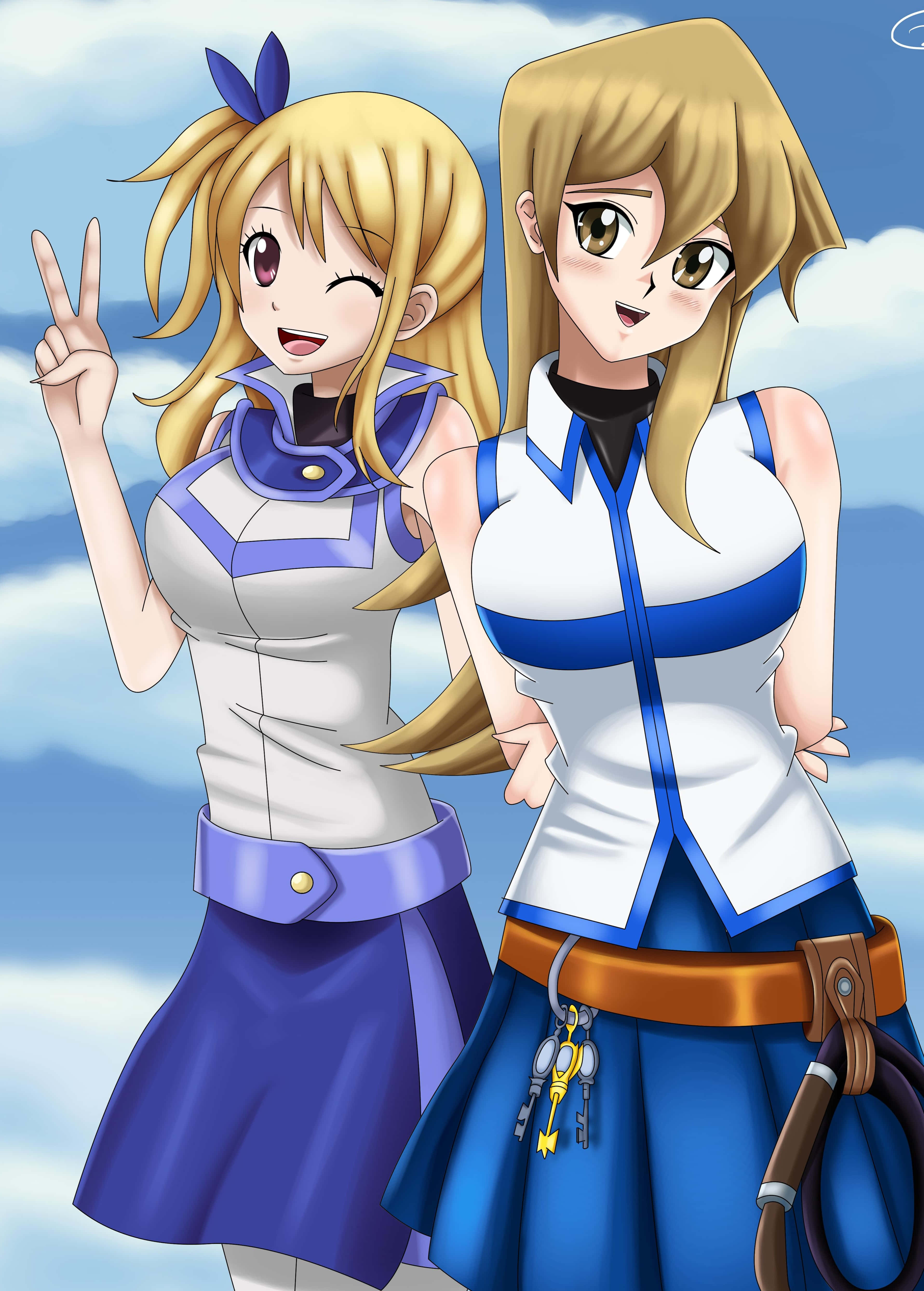 Alexis Rhodes 桌布 壁紙 — 兩個身穿藍白服裝的開朗動漫女孩在明亮的陰天天空下擺姿勢，其中一個做出和平手勢。
