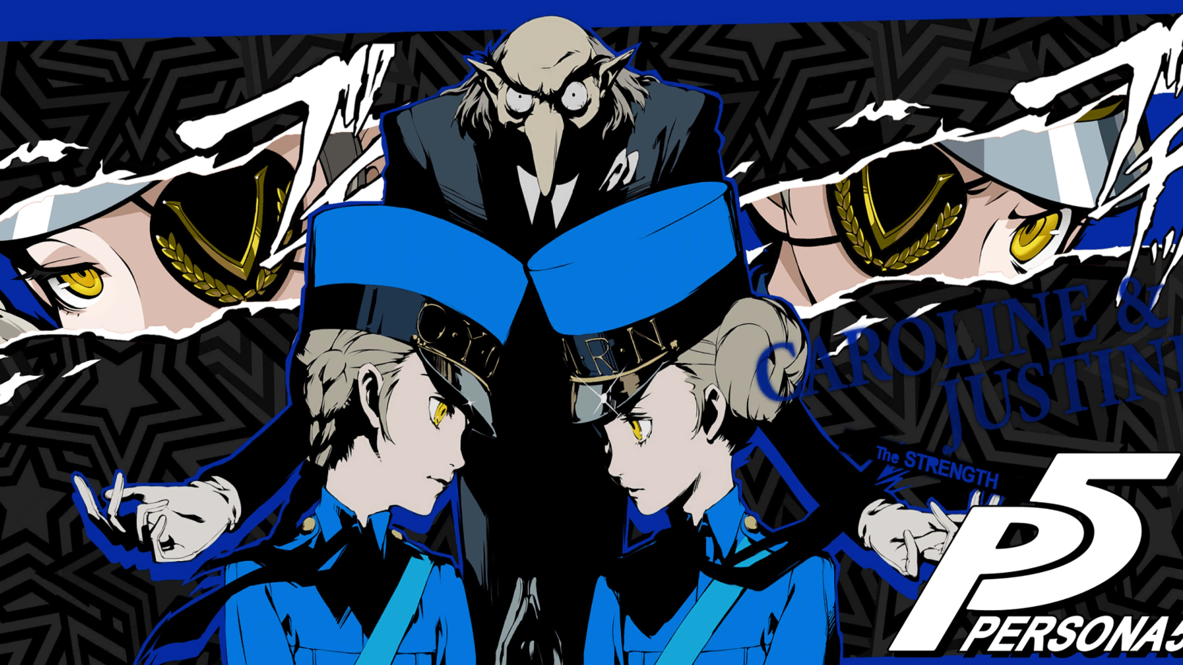 persona 桌布 壁紙 — 兩個身穿藍色制服、黃色眼睛的角色，在黑色幾何背景上，上方有一個若隱若現的身影，彼此面對面。