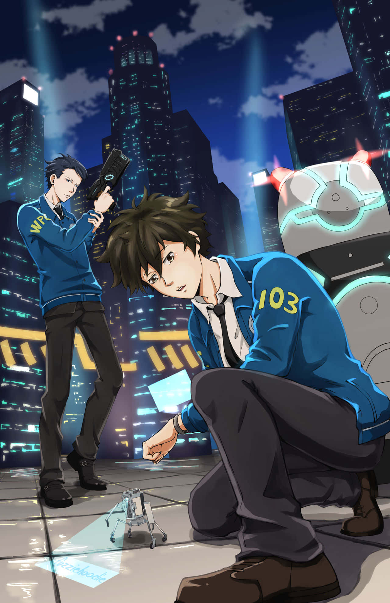 Psycho Pass 桌布 壁紙 — 兩個身穿藍色外套的動畫男孩站在霓虹燈照亮的城市夜景中，其中一人手持槍支，而一個機械人潛伏在附近。