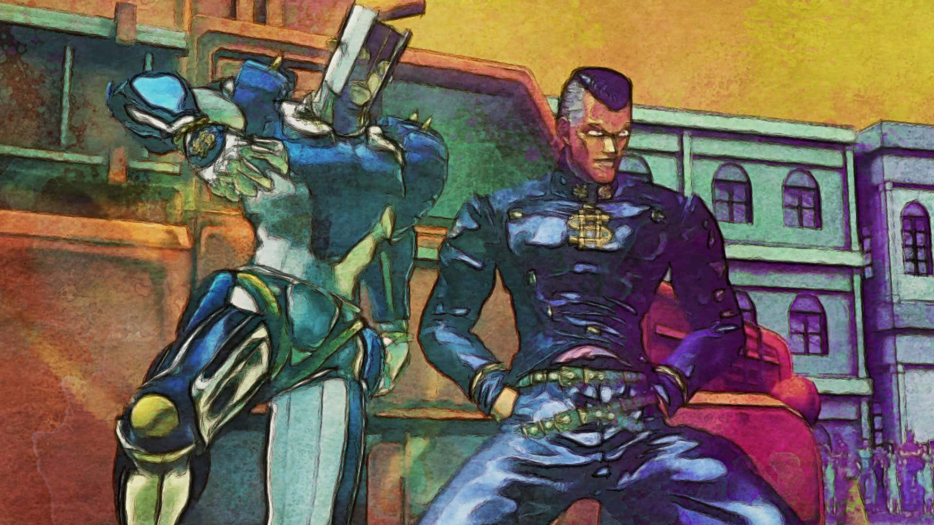 Okuyasu Nijimura 桌布 壁紙 — 兩個身穿藍色服裝的動漫角色在溫暖日落色調的風格化城市背景下自信地擺姿勢。