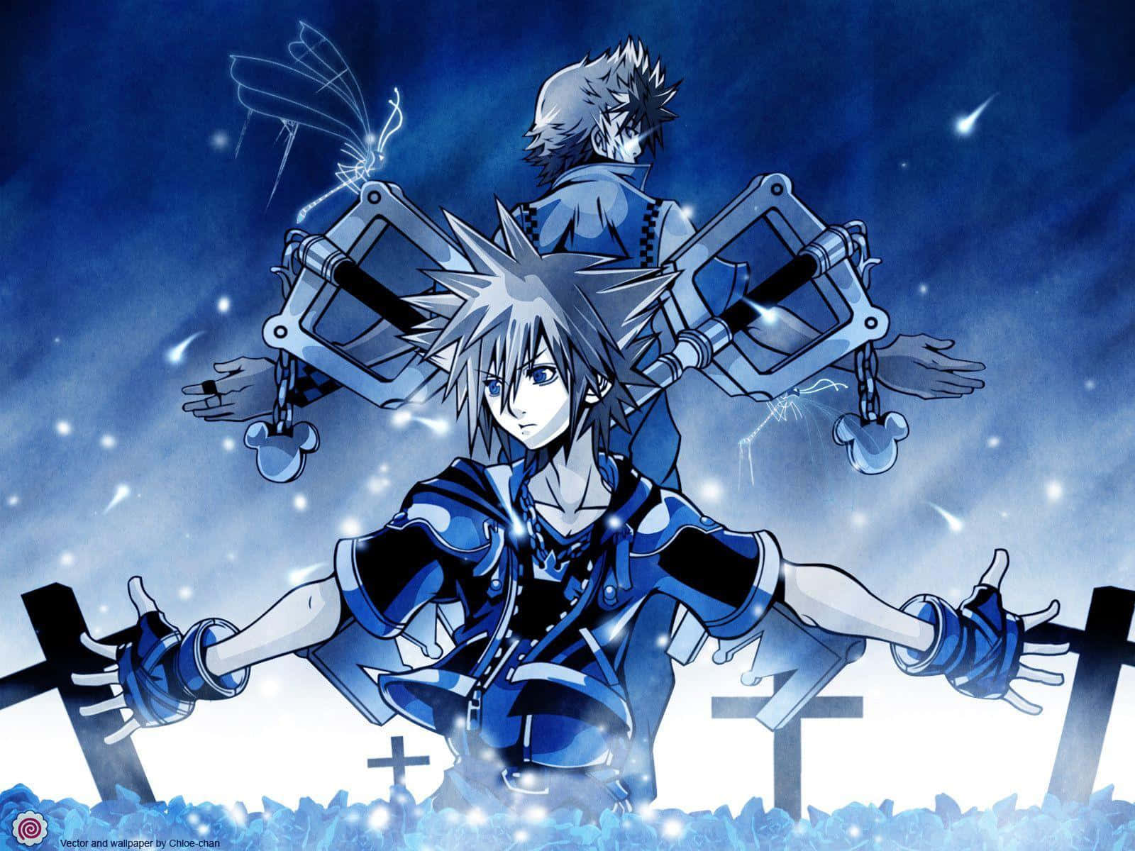 Kingdom Hearts Ventus 桌布 壁紙 — 兩個身穿藍色盔甲的動漫角色站在發光的十字架之間，背景是繁星點點的夜空，周圍有電能在噼啪作響。