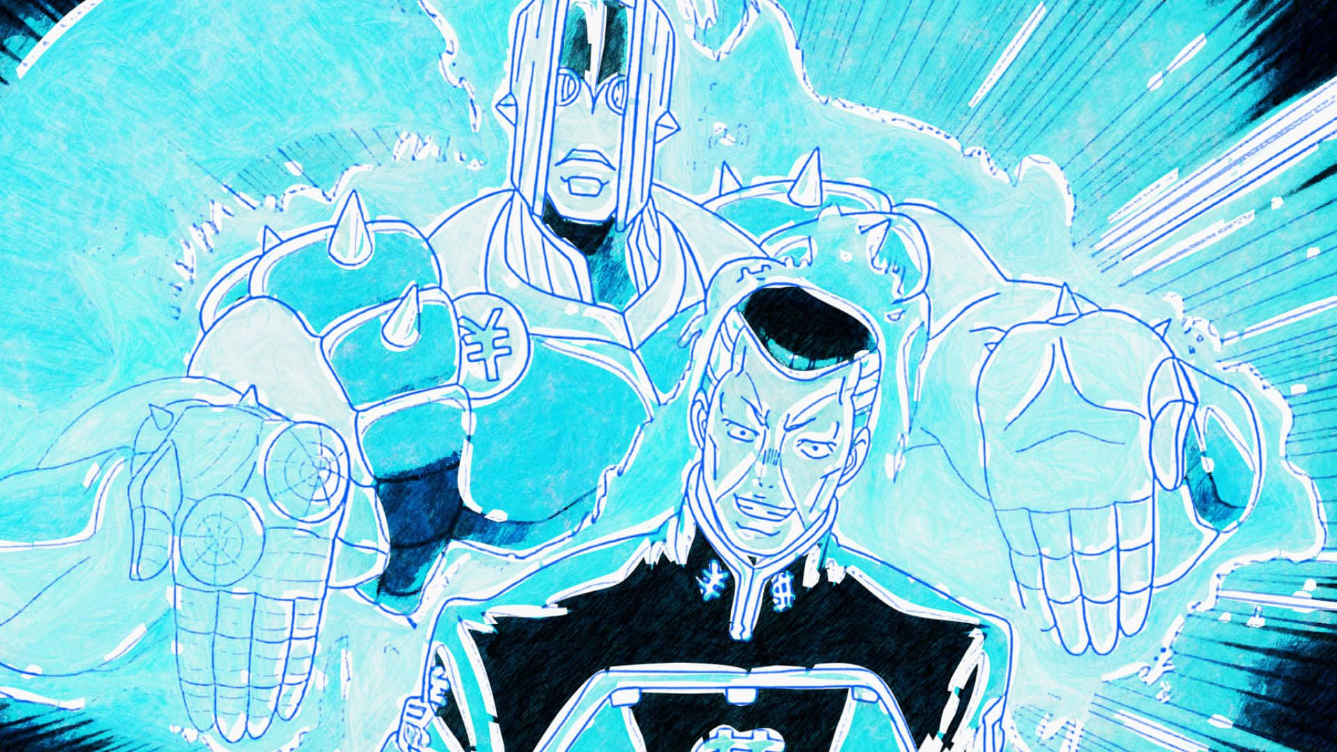 Okuyasu Nijimura 桌布 壁紙 — 兩個身穿藍黑尖刺盔甲、帶有動態能量效果的動漫角色。