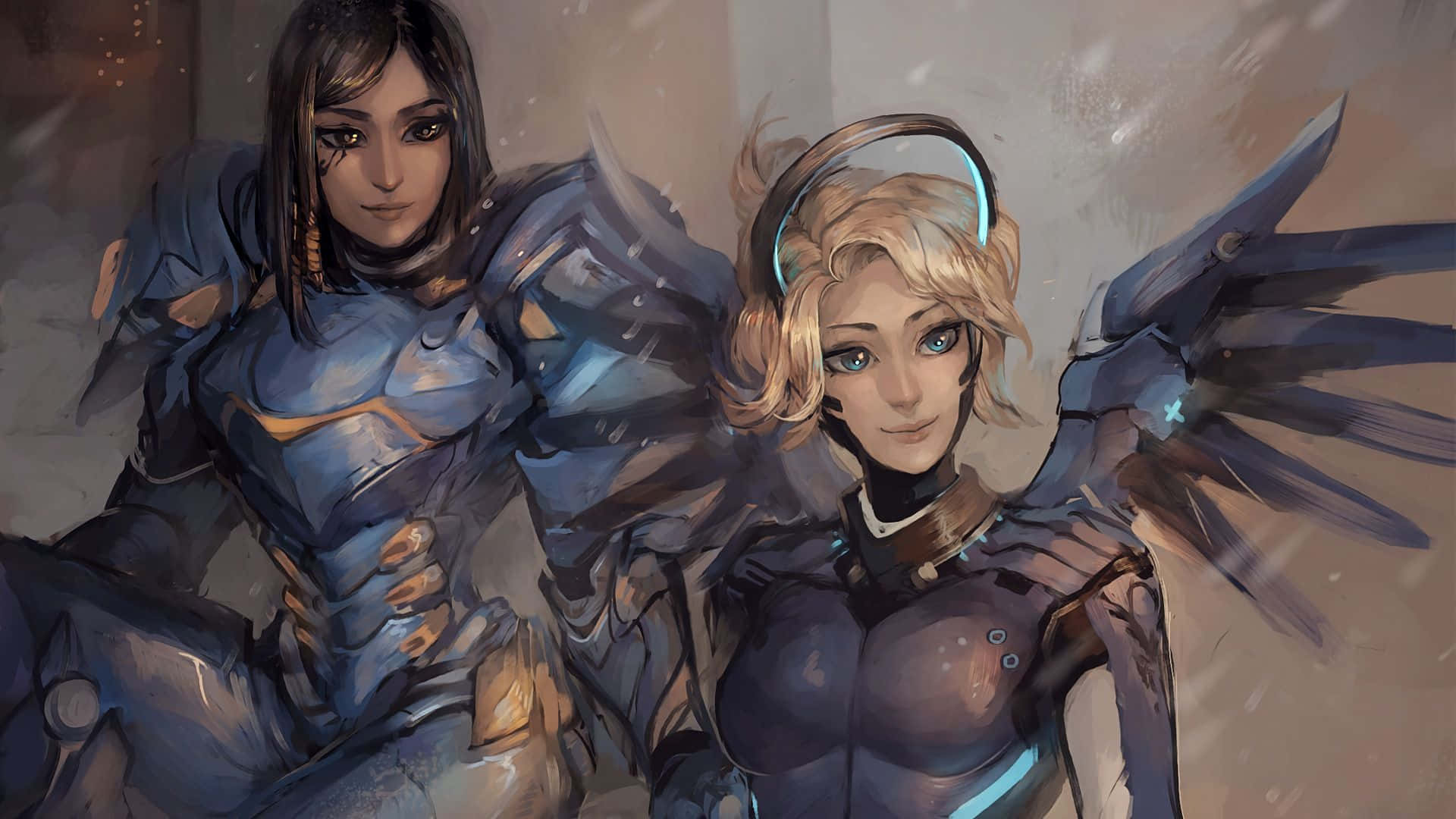 Overwatch Pharah 桌布 壁紙 — 兩個身穿裝甲、擁有機械翅膀的動漫角色，在昏暗的雪地環境中並肩而坐。