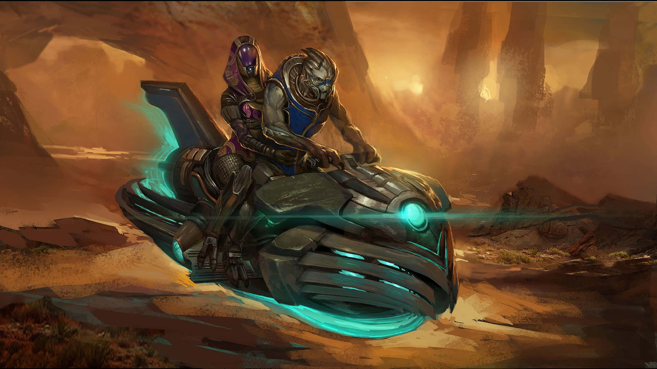 Tali'zorah 桌布 壁紙 — 兩個身穿裝甲的人物在日落時分騎著一輛發光的青綠色未來電單車穿過崎嶇的外星峽谷。