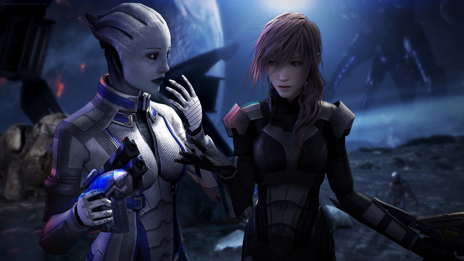Liara T'soni 桌布 壁紙 — 兩個身穿裝甲的科幻角色站在月光照耀的外星景觀中，背景有一個巨大的行星若隱若現。