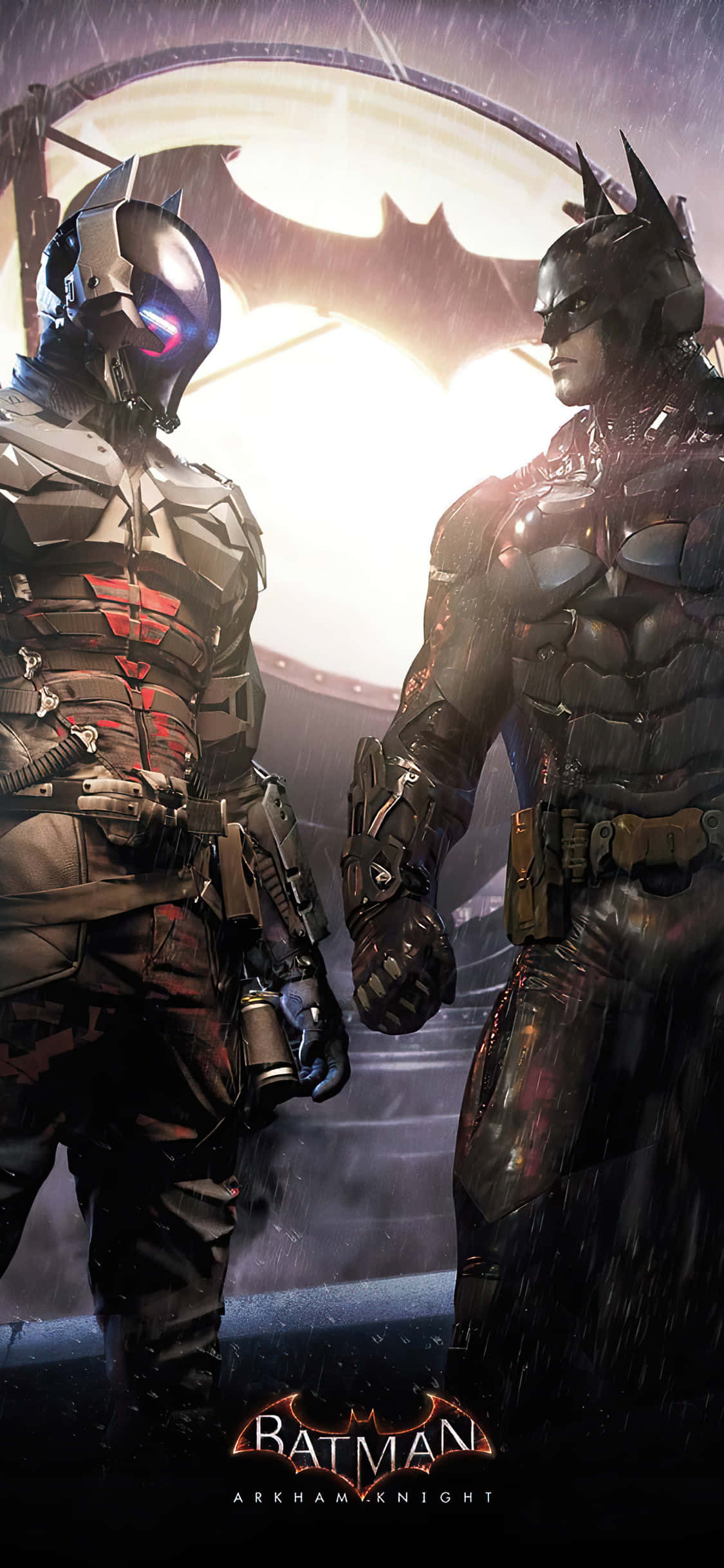 Batman Arkham Knight 桌布 壁紙 — 兩個身穿裝甲的蝙蝠俠人偶在雨中的城市環境中對峙，上方有一個發光的蝙蝠標誌。
