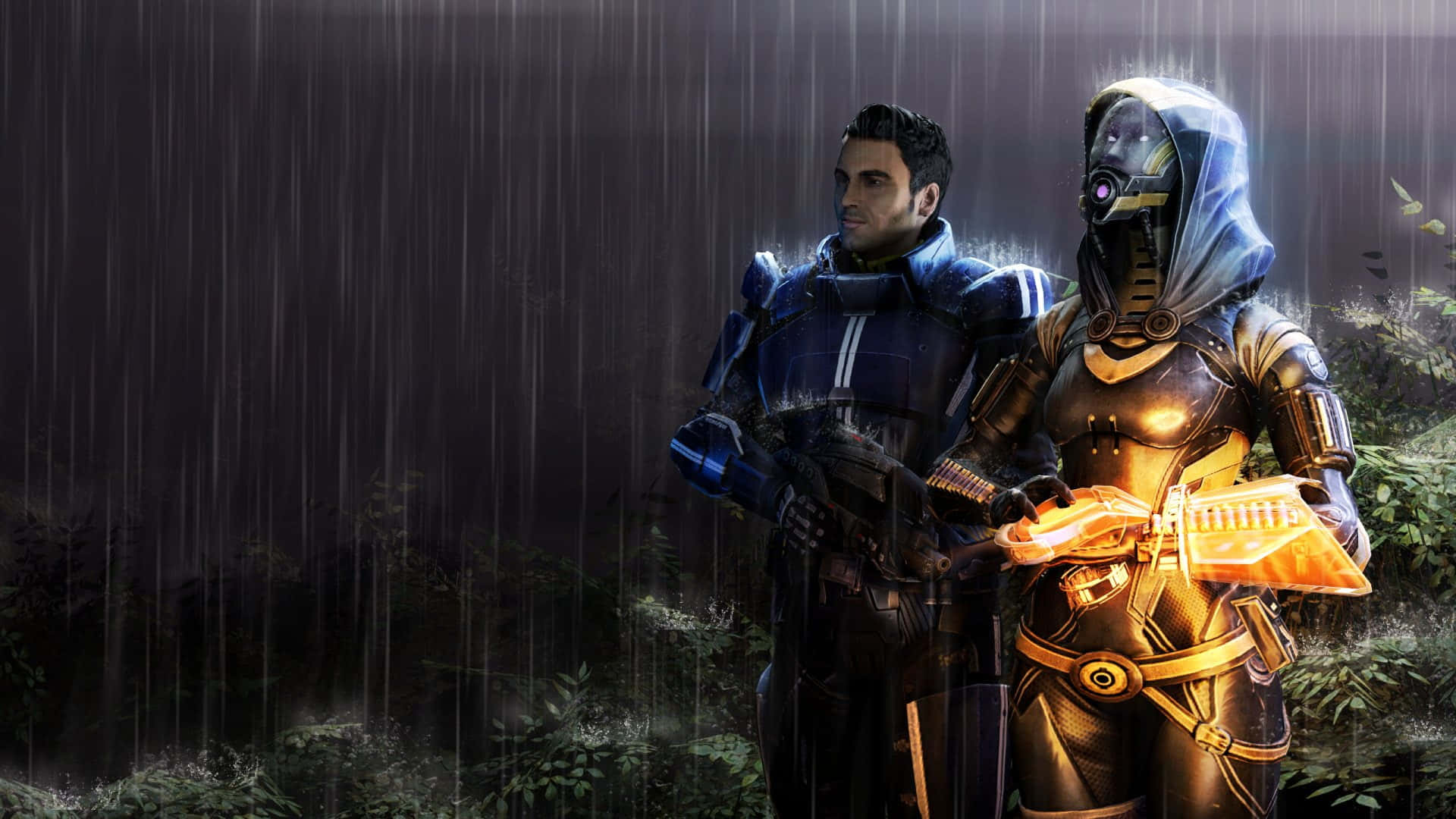 Kaidan Alenko 桌布 壁紙 — 兩個身穿裝甲的身影站在被雨水浸透的森林中，一個是人類，一個是機械人，在黑暗暴風雨的天空下共同握著一把發光的橙色武器。