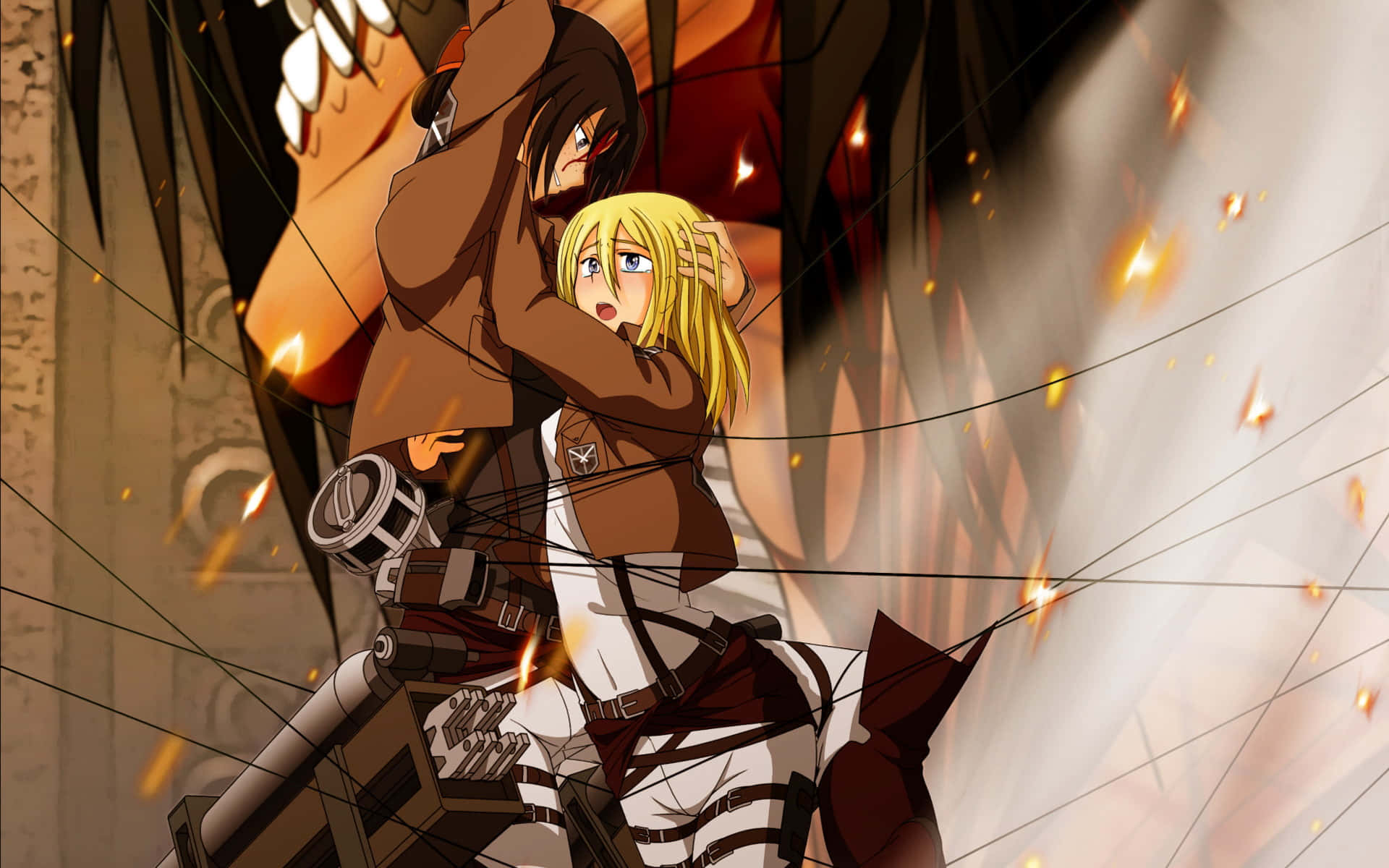 Attack On Titan Season 2 桌布 壁紙 — 兩個身穿軍裝的動漫角色互相緊抱，身後一個巨大的巨人伴隨著飛濺的火花和繩索若隱若現。