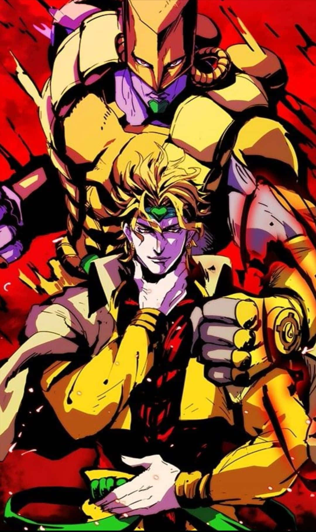 Jojo Stands 桌布 壁紙 — 兩個身穿金色盔甲的動漫角色在火紅背景上以粗黑線條動態碰撞。