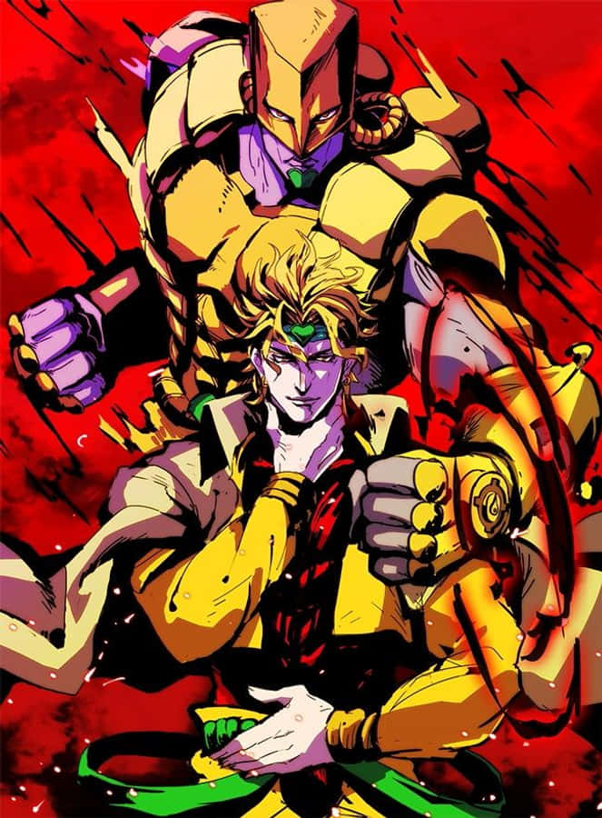 Dio The World 桌布 壁紙 — 兩個身穿金色盔甲的動漫角色在熾熱的紅色背景上，伴隨著爆炸性的動作線條，動態地碰撞在一起。