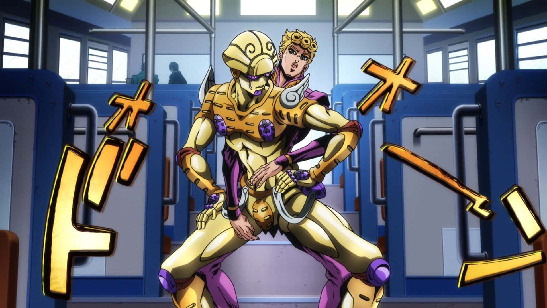Vento Aureo 桌布 壁紙 — 兩個身穿金色盔甲的動漫角色在藍色火車車廂內動態擺姿勢，並帶有日語擬聲效果。