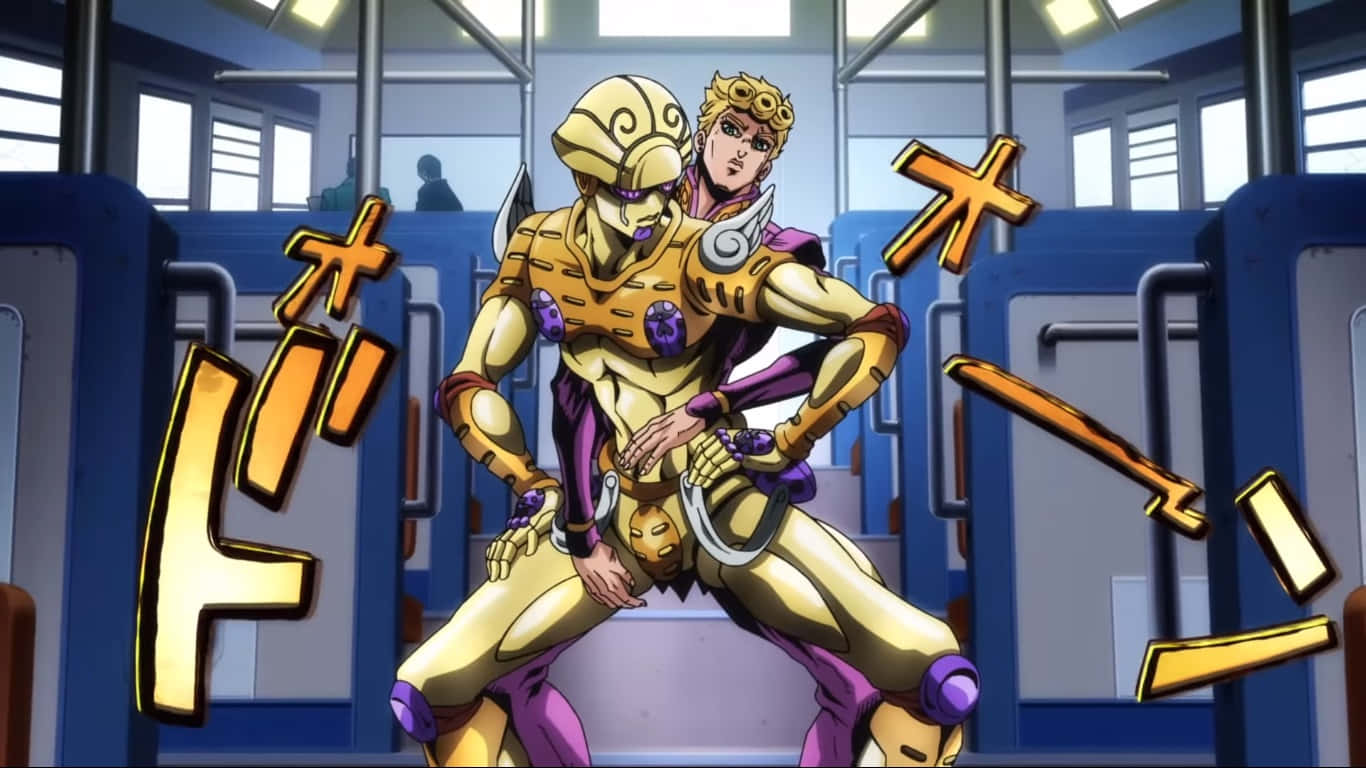 Gold Experience Jojo 桌布 壁紙 — 兩個身穿金色盔甲的動漫角色在藍色地鐵車廂內動態擺姿勢，車廂上有日語擬聲詞。