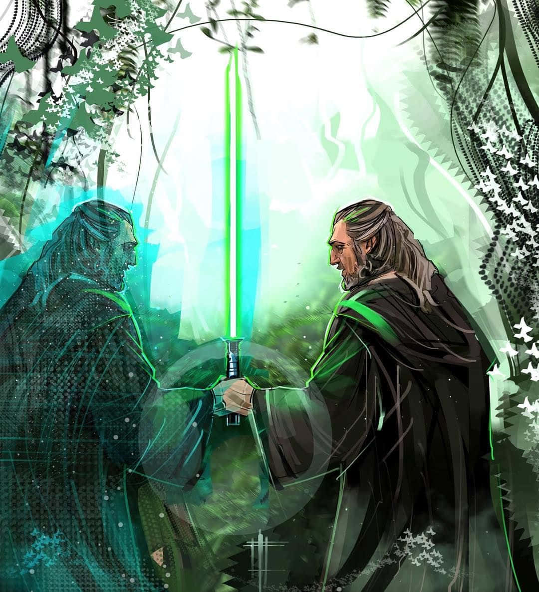 Qui-gon Jinn 桌布 壁紙 — 兩個身穿長袍的人物在神秘森林中面對面，在空靈的光芒下進行一場發光的綠色光劍決鬥。