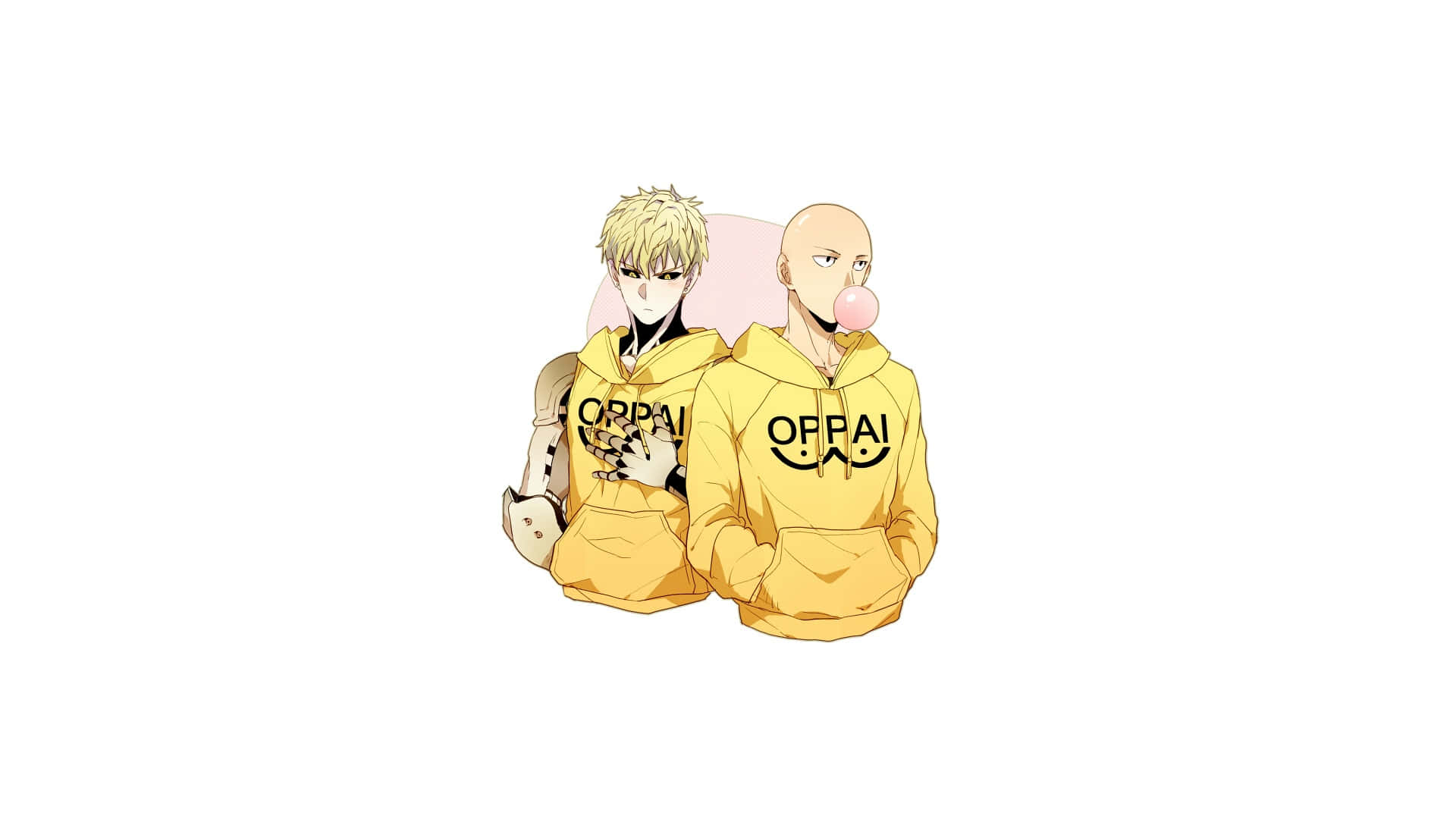 One Punch Man Minimalist 桌布 壁紙 — 兩個身穿黃色連帽衫、帶有「OPPAI」標誌的動漫角色，其中一個正在吹泡泡糖。