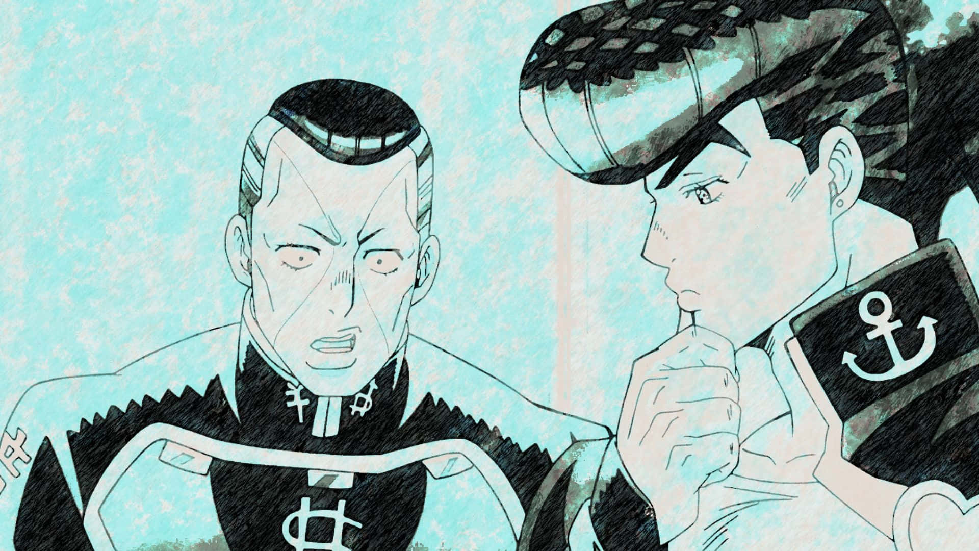 Okuyasu Nijimura 桌布 壁紙 — 兩個身穿黑色制服、帶有錨標誌的動漫角色，在帶有紋理的青綠色背景上對峙。