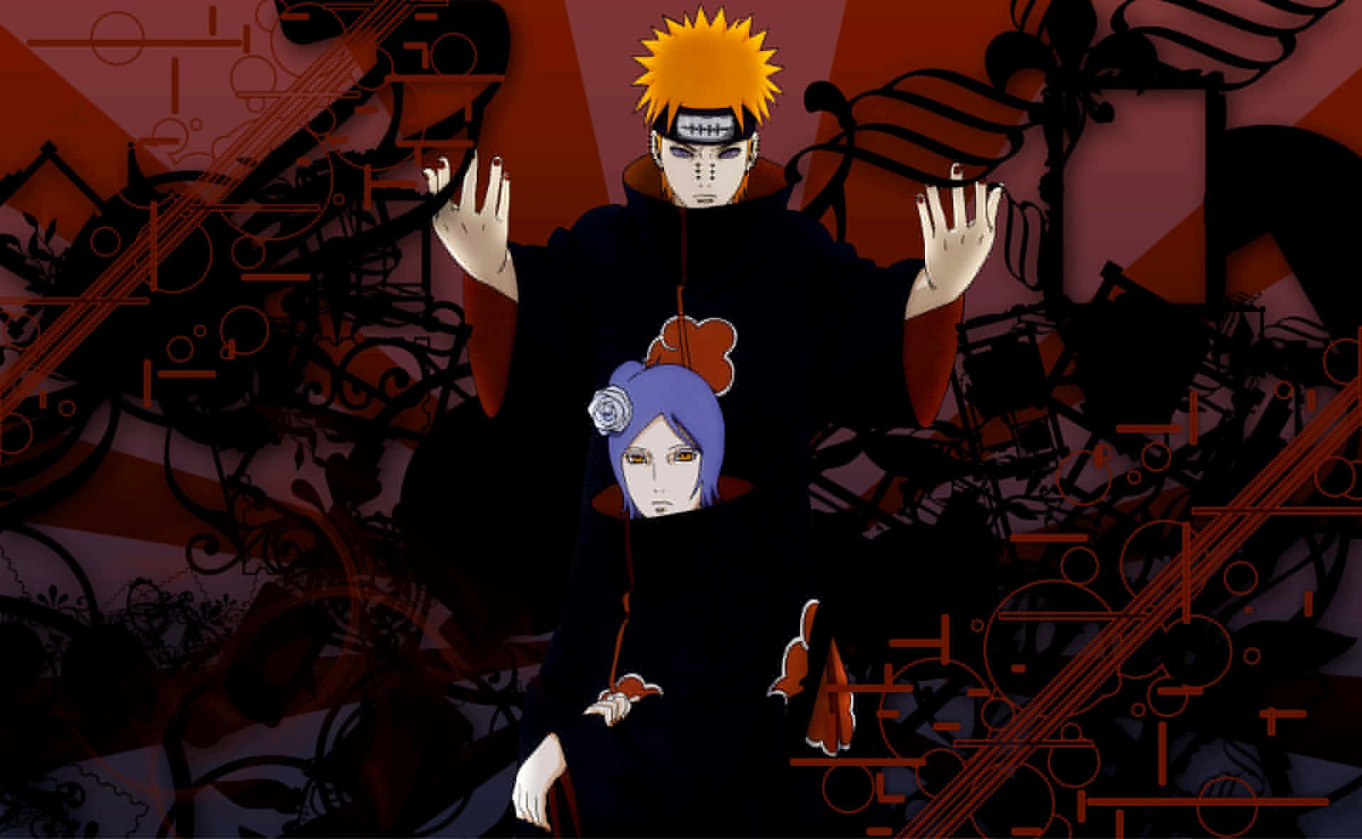 Konan 桌布 壁紙 — 兩個身穿黑色斗篷的動漫角色站在帶有漩渦圖案的深紅色抽象背景前。