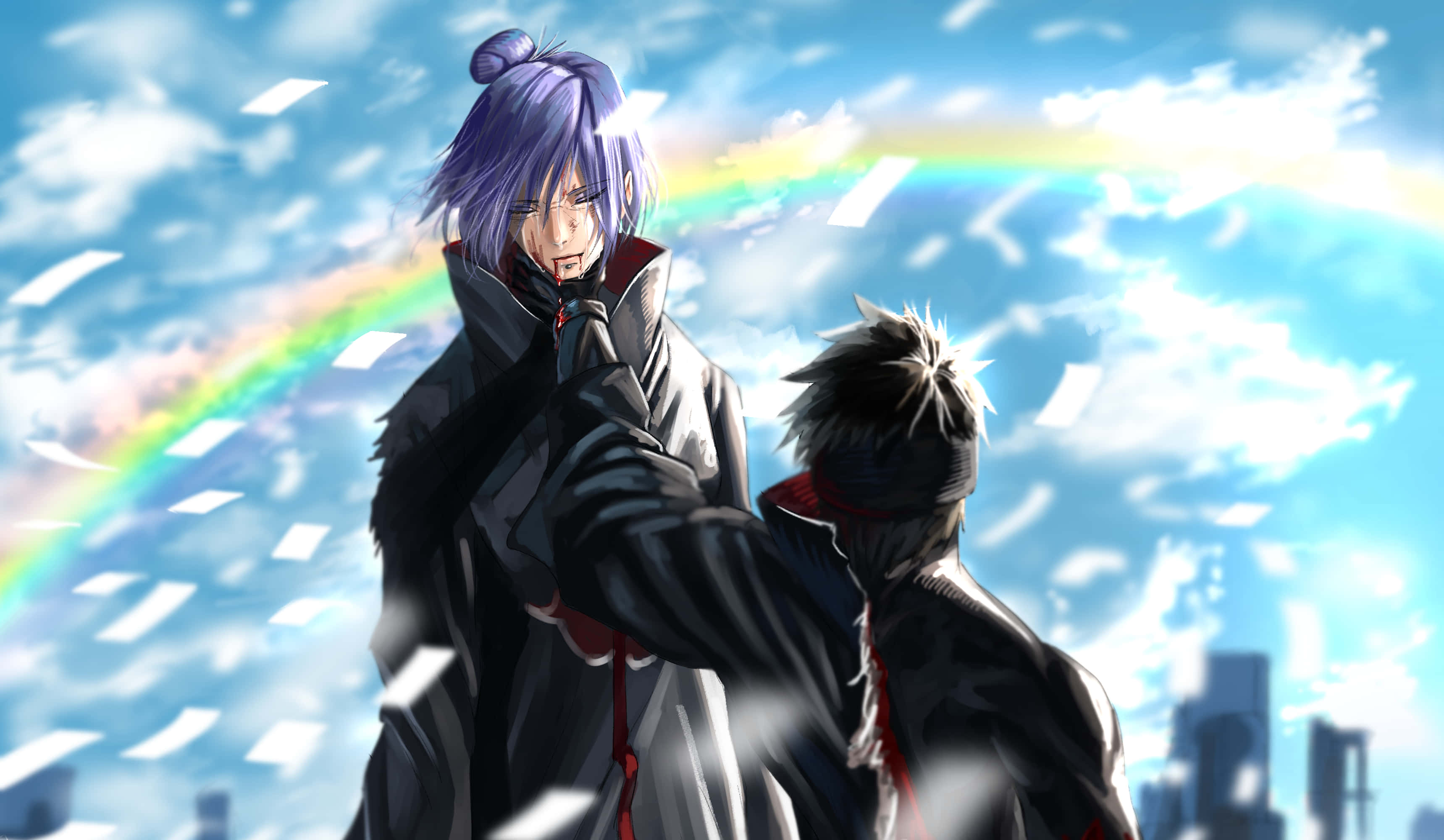 Konan 桌布 壁紙 — 兩個身穿黑色斗篷的動漫角色站在鮮豔的彩虹下，紙張在明亮的藍天中飄揚。