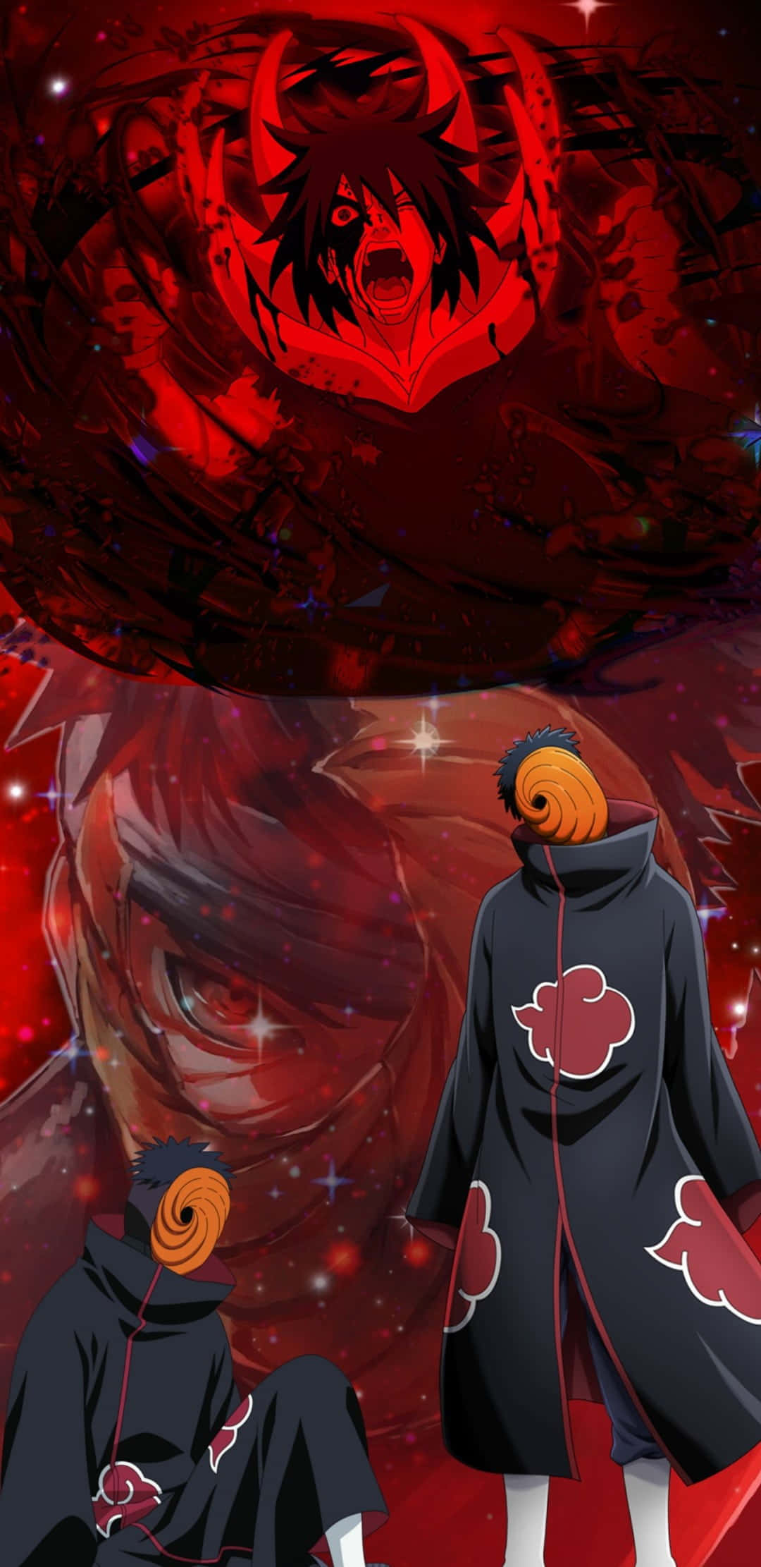Akatsuki Tobi 桌布 壁紙 — 兩個身穿黑色曉組織斗篷的動漫角色站在一個帶有惡魔面孔和發光眼睛的旋轉紅色漩渦前。