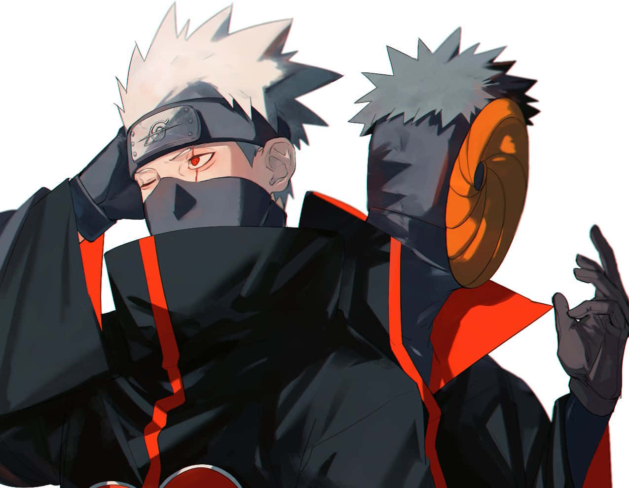 Akatsuki Kakashi 桌布 壁紙 — 兩個身穿黑色曉袍、帶有紅色雲朵圖案的動漫忍者背對背站在純白背景前。
