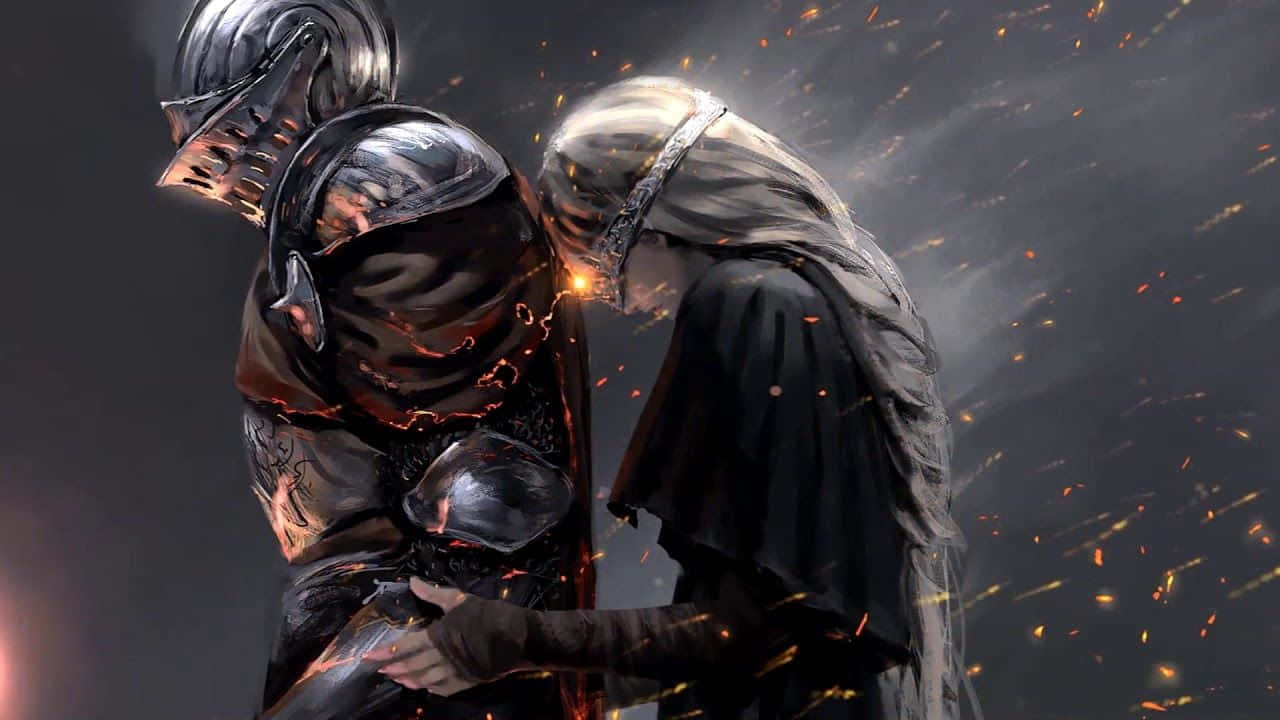 Solaire Of Astora 桌布 壁紙 — 兩個身穿黑色盔甲的裝甲人物在飛舞的餘燼中擁抱，背景是煙霧瀰漫的灰色。
