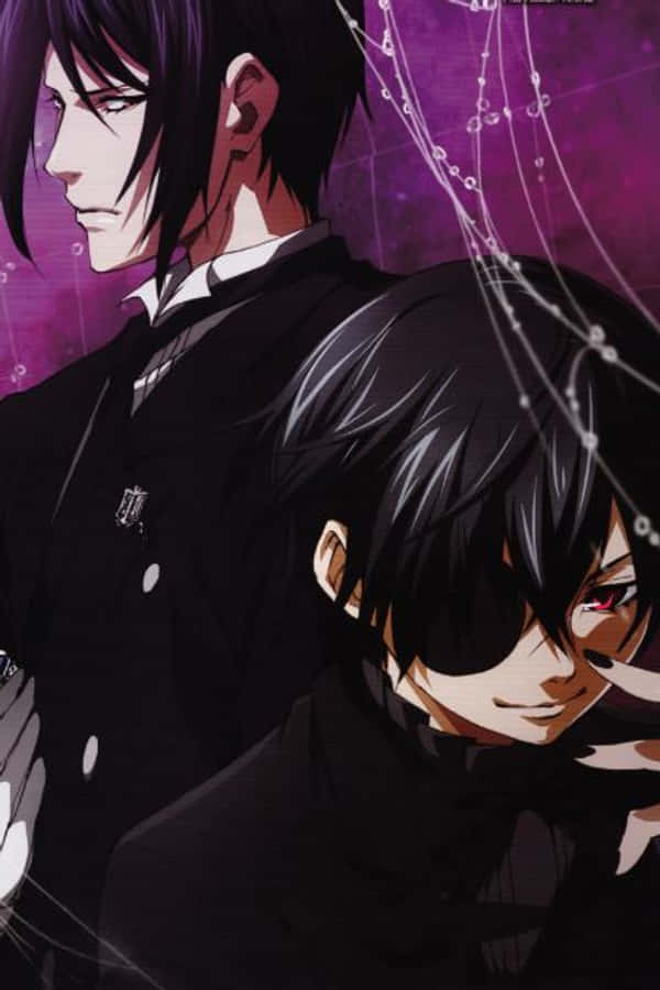 Ciel Phantomhive 桌布 壁紙 — 兩個身穿黑色西裝的動漫男子站在發光紫色背景前，帶有閃閃發光的鎖鏈。