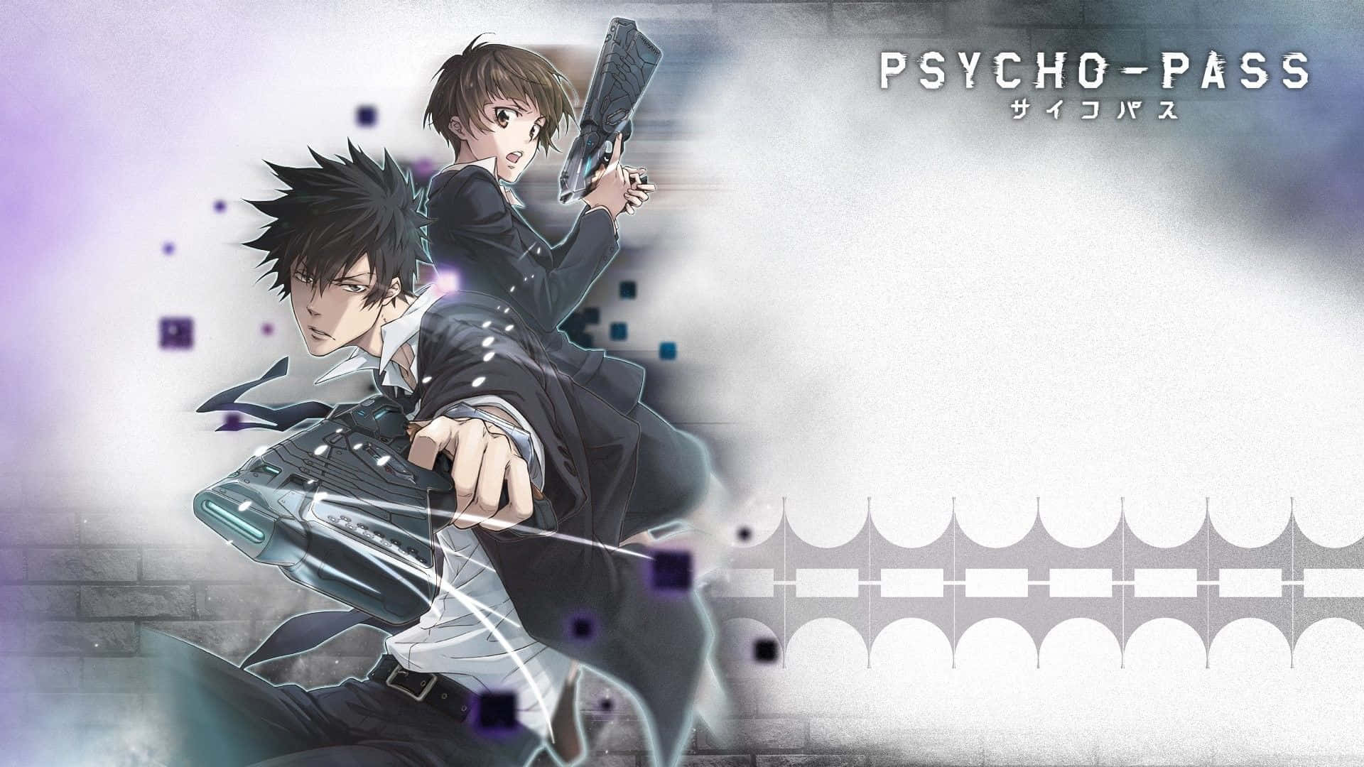 Shinya Kogami 桌布 壁紙 — 兩個身穿黑色西裝的動漫角色在煙霧瀰漫的紫色和灰色背景前，瞄準未來風格的槍支，並帶有'PSYCHO-PASS'文字。