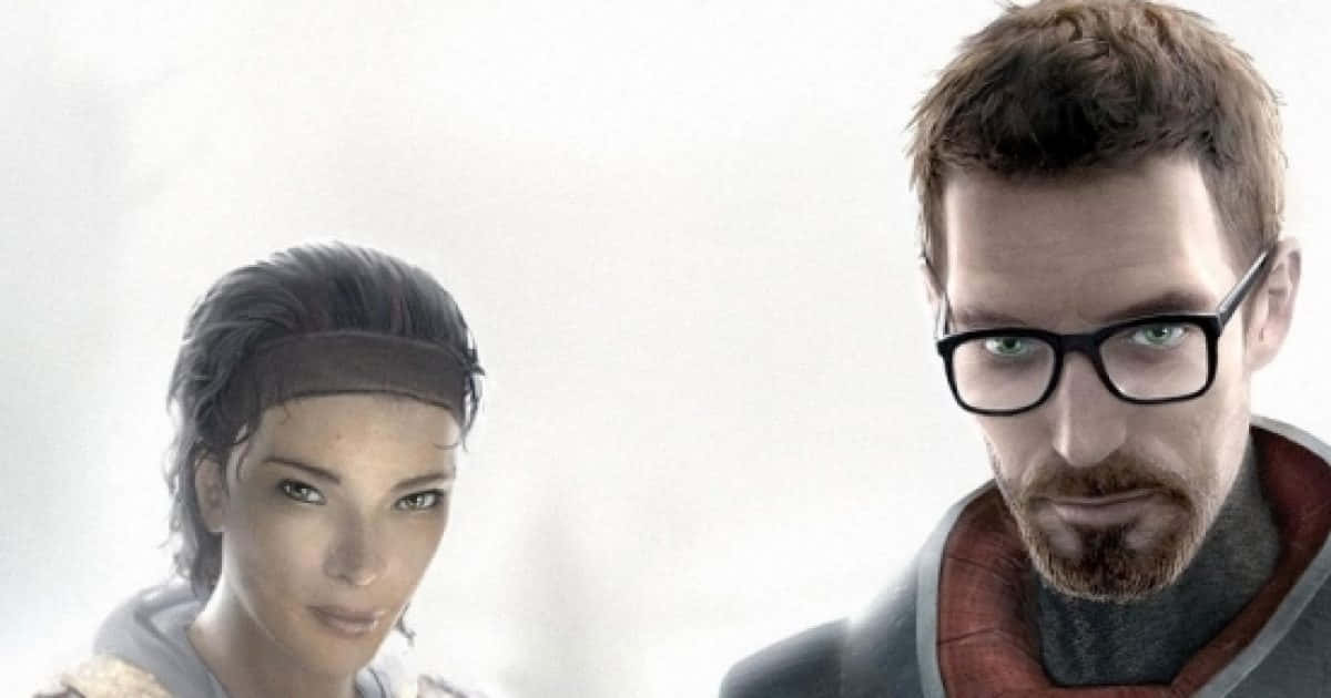 Half-life Characters 桌布 壁紙 — 兩個逼真的人類角色，帶著強烈的目光，站在柔和的白色背景前，一個戴著眼鏡，另一個戴著頭帶。