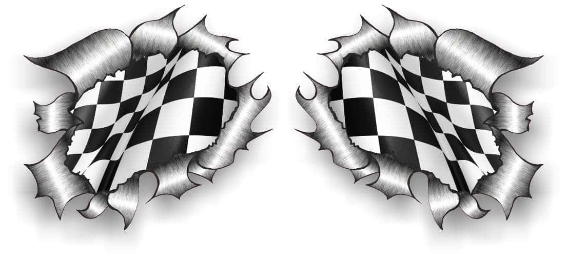 Chequered Flag 桌布 壁紙 — 兩個金屬撕裂的洞口在純白背景上顯露出格仔賽車旗。