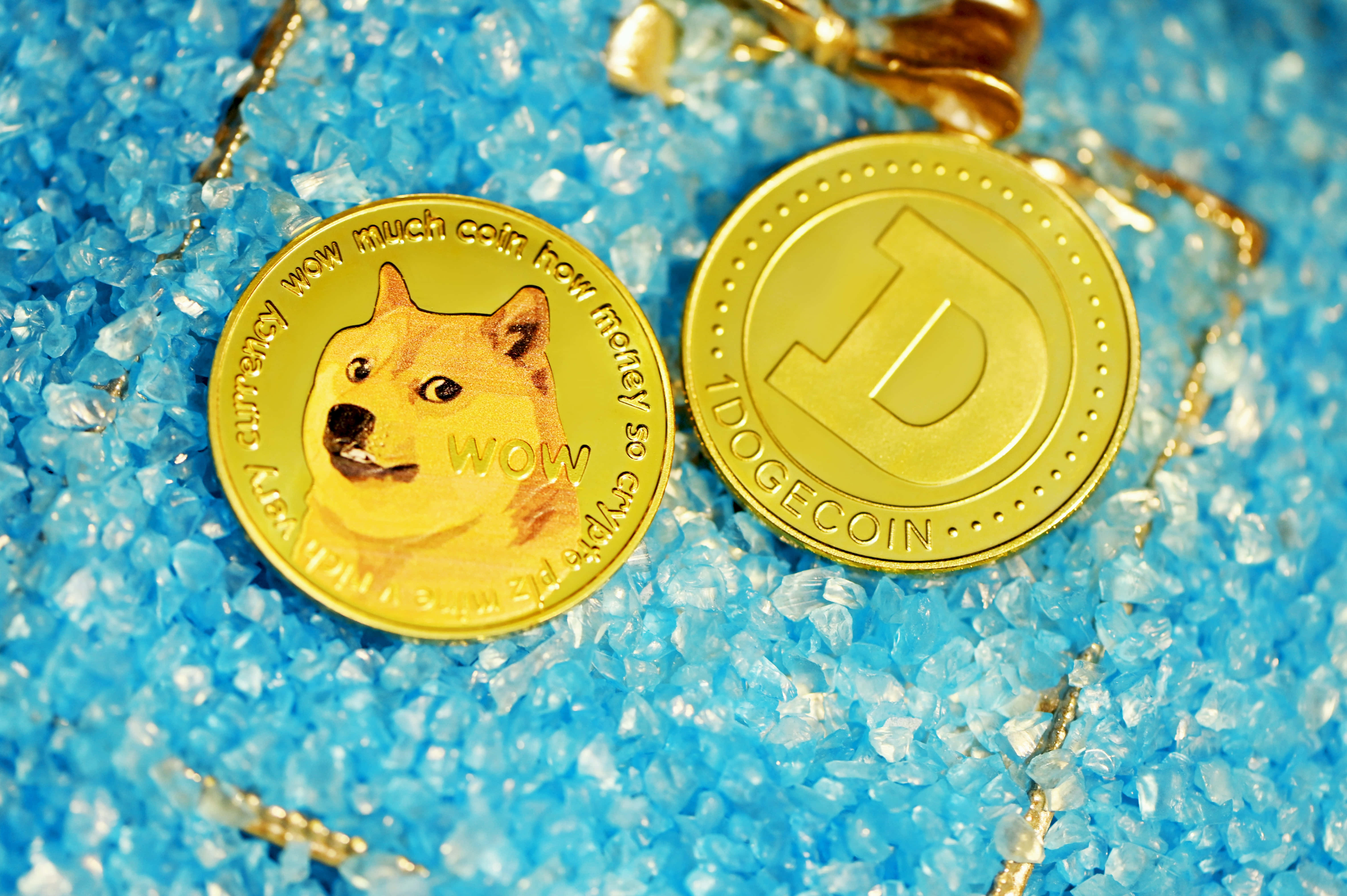 Dogecoin 桌布 壁紙 — 兩個金色 Dogecoin 代幣放在鮮豔的藍色水晶礫石上，附近有金鏈。