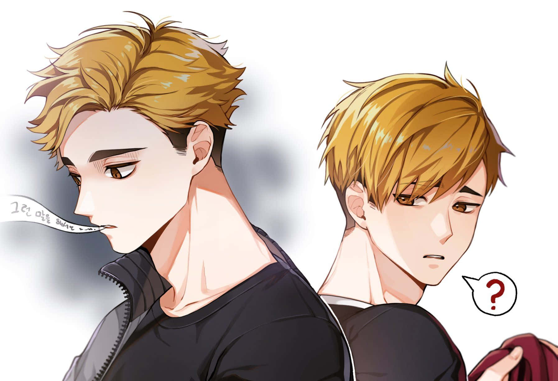 Haikyuu Fan Art 桌布 壁紙 — 兩個金髮動漫男孩背對背站著，一個帶著對話框冷笑，另一個帶著問號困惑。
