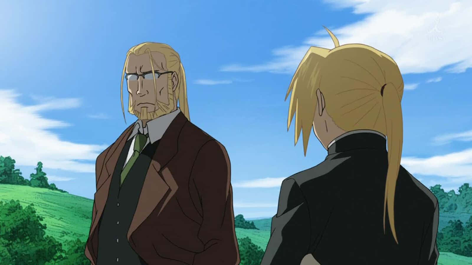 Van Hohenheim 桌布 壁紙 — 兩個金髮動漫角色在晴朗藍天下的一片明亮綠色田野中面對面站立。