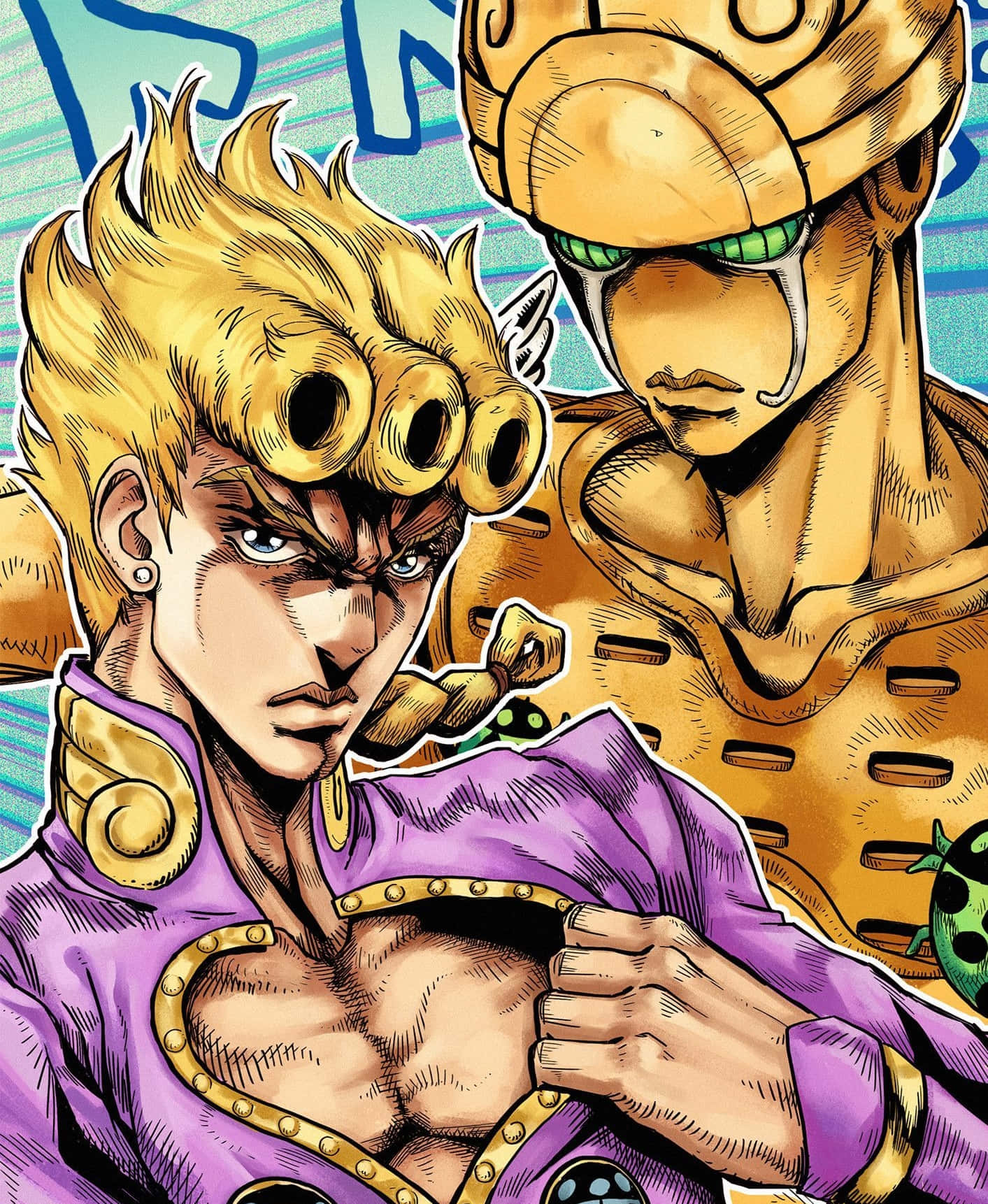 Gold Experience Jojo 桌布 壁紙 — 兩個金髮金甲嘅動漫角色，喺塗鴉背景前擺出充滿動感嘅姿勢。