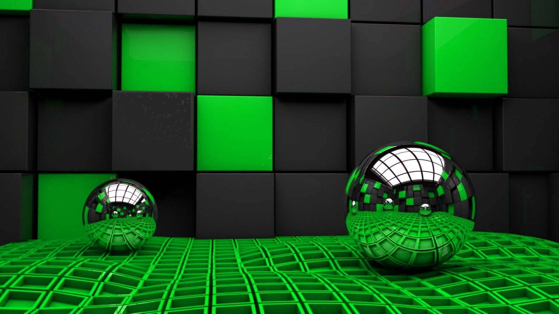 3d Abstract Balls 壁紙 — 兩個鉻球體在充滿活力的綠色格子地板上反射網格天花板，背景是黑色和綠色的立方體牆。
