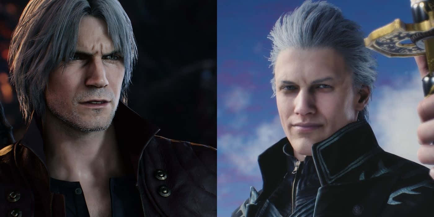 Devil May Cry Characters 桌布 壁紙 — 兩個銀髮且表情強烈的電子遊戲角色，一個穿著深色外套，另一個在藍天下持劍。