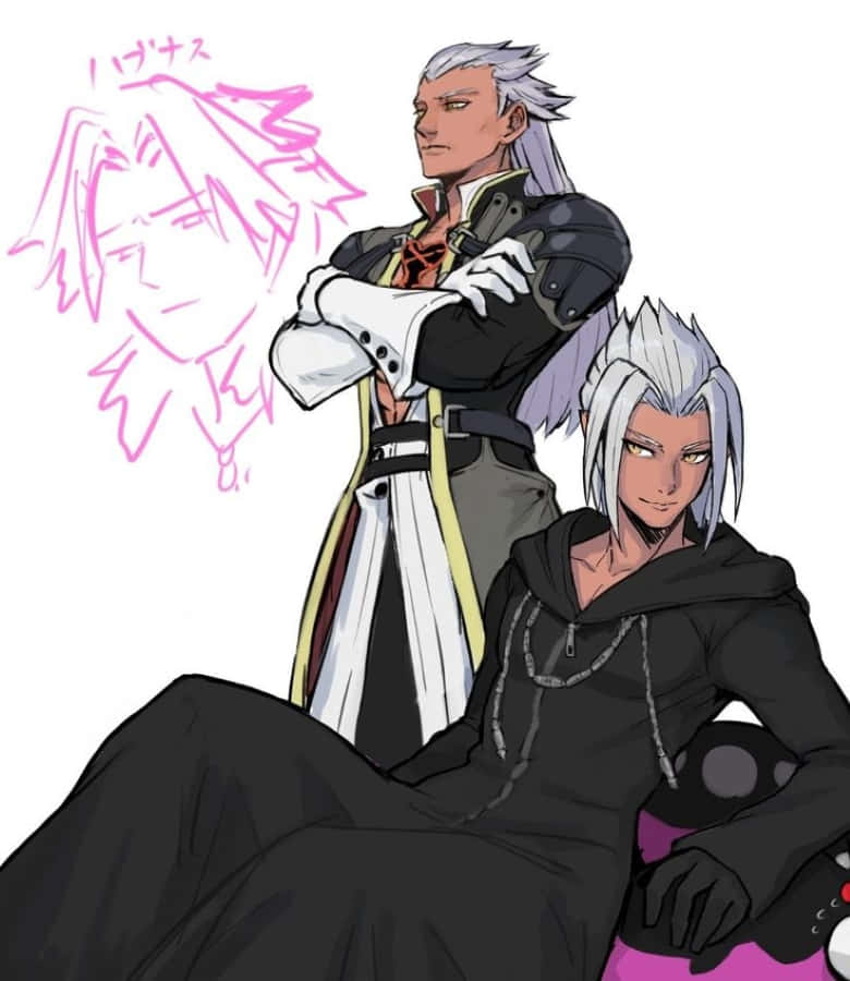 Ansem Seeker Of Darkness 桌布 壁紙 — 兩個銀髮動漫角色自信地擺姿勢，一個交叉雙臂站立，另一個穿著黑色服裝坐著。